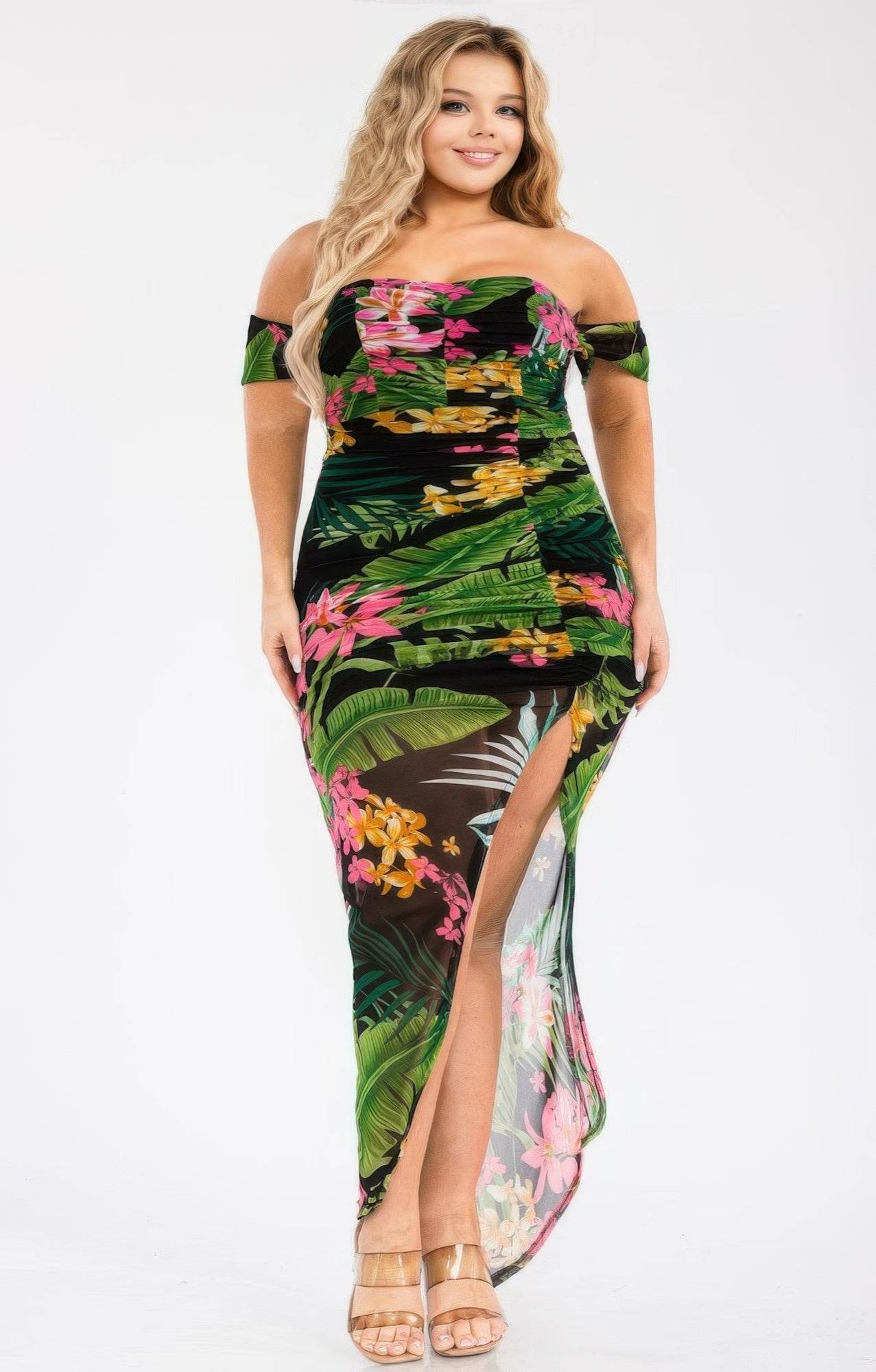 Plus Tropical Off Shoulder Draped Slv Maxi Dress - LLR Chic