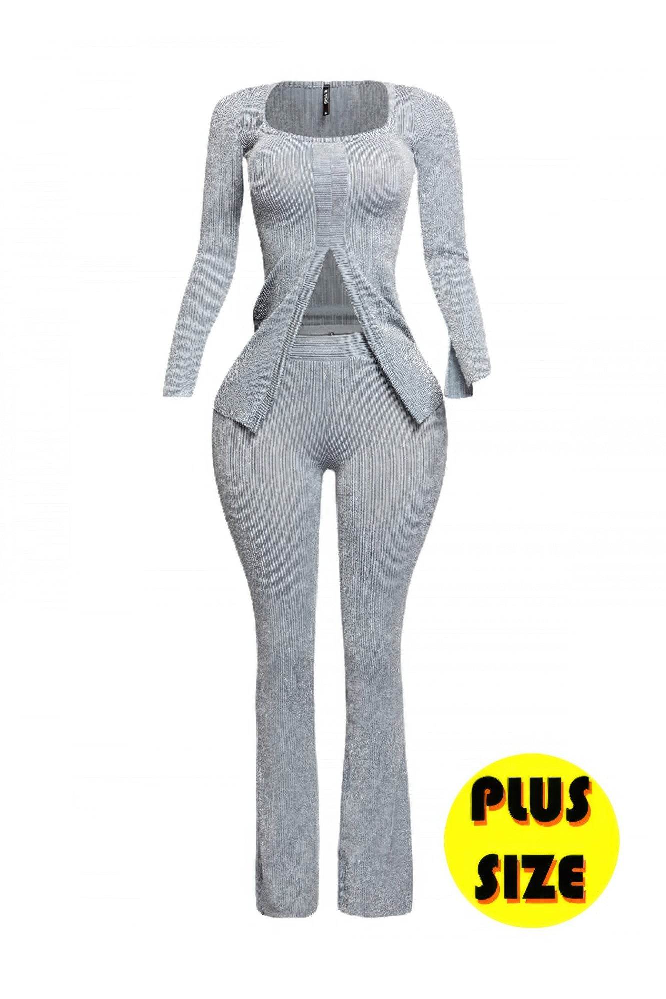 Plus Size Ribbed Pant Set With Slit Detail - LLR Chic