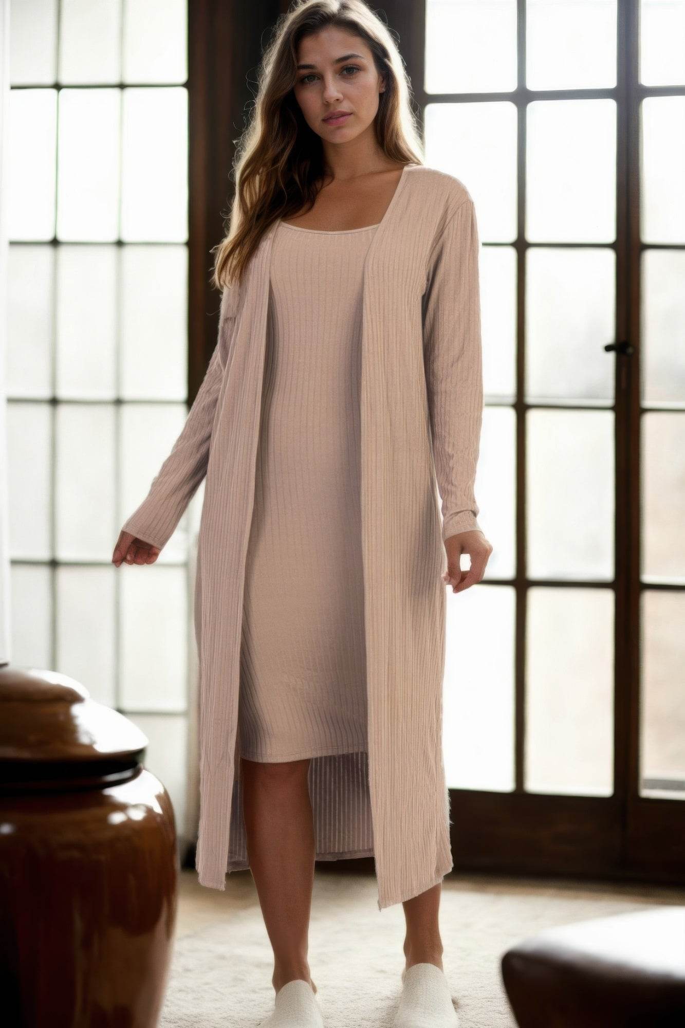 Ribbed Cardigan & Cami Midi Bodycon Dress - LLR Chic