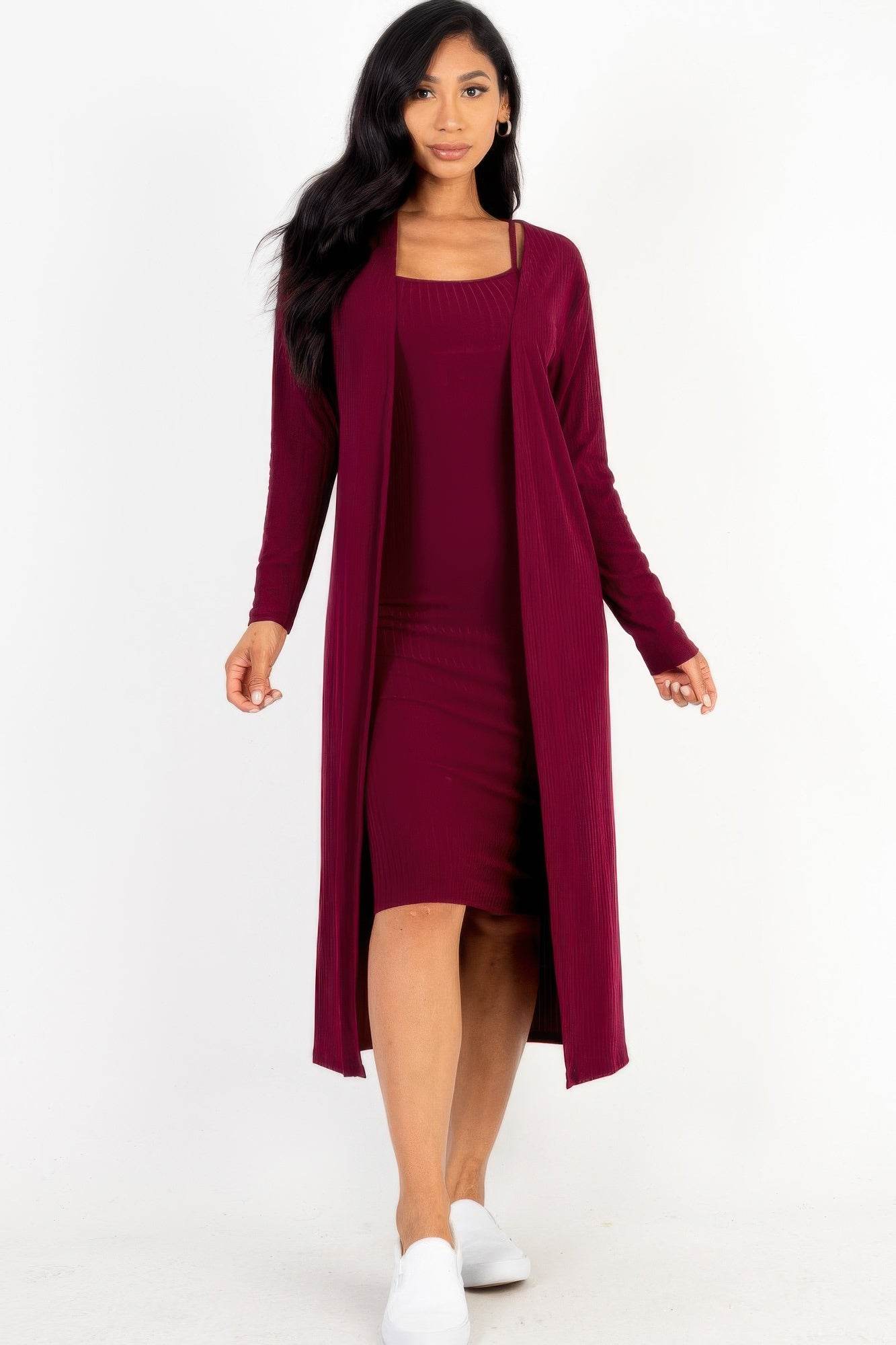 Ribbed Cardigan & Cami Midi Bodycon Dress - LLR Chic