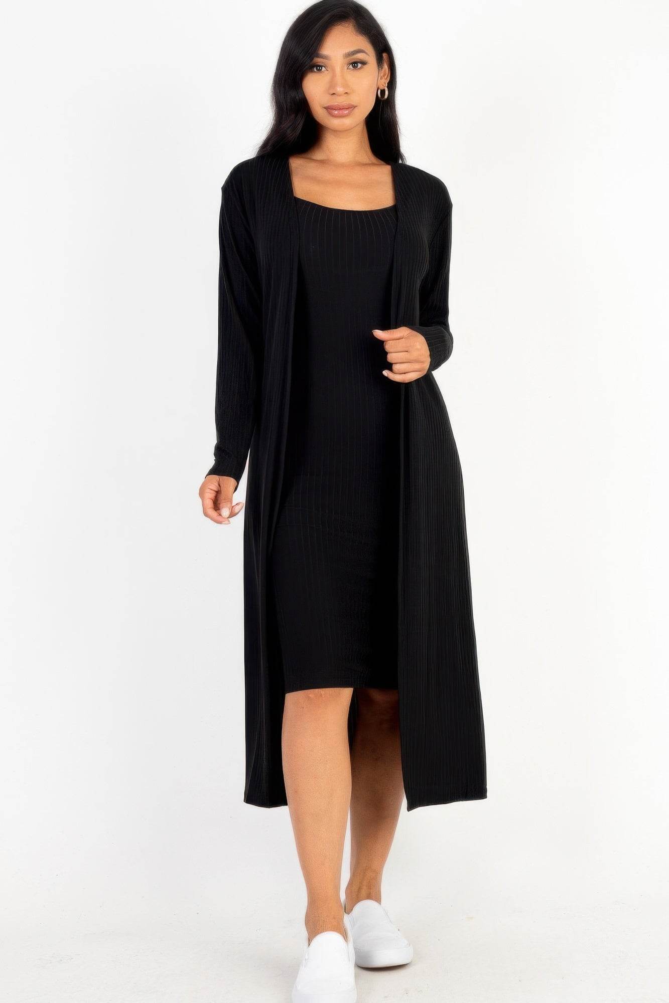 Ribbed Cardigan & Cami Midi Bodycon Dress - LLR Chic