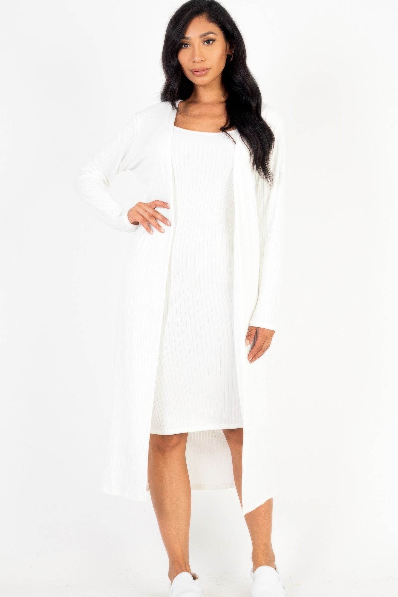 Ribbed Cardigan & Cami Midi Bodycon Dress - LLR Chic