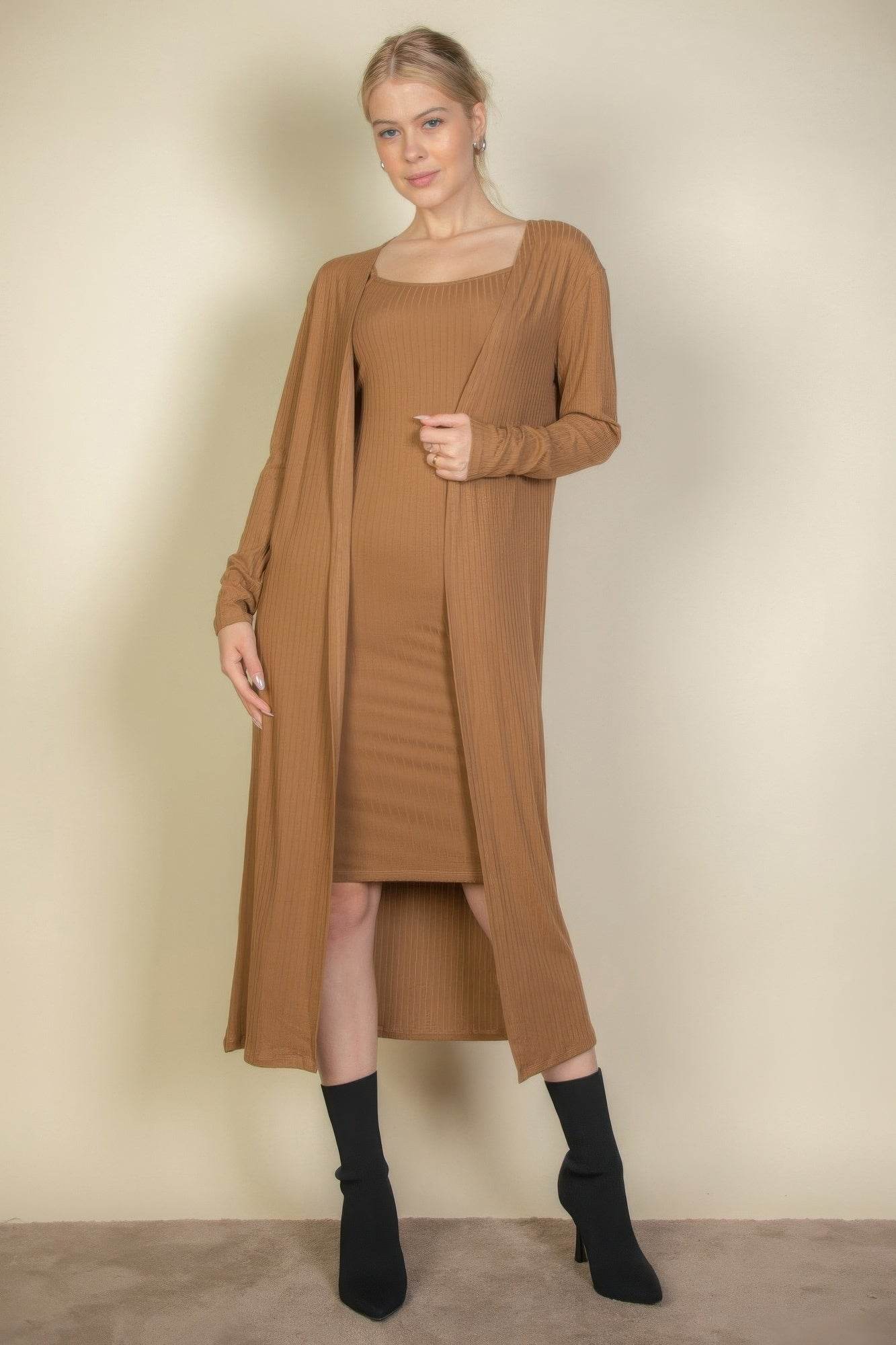Ribbed Cardigan & Cami Midi Bodycon Dress - LLR Chic