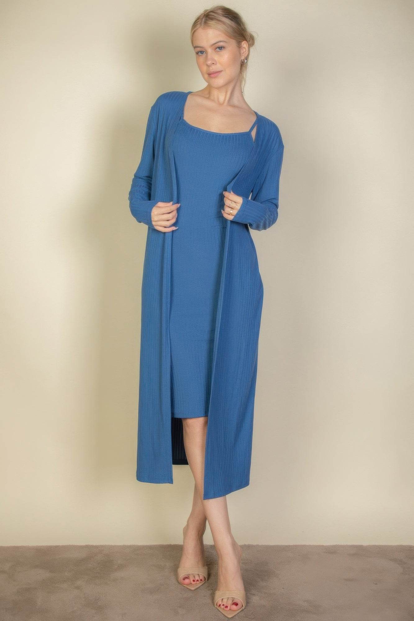 Ribbed Cardigan & Cami Midi Bodycon Dress - LLR Chic