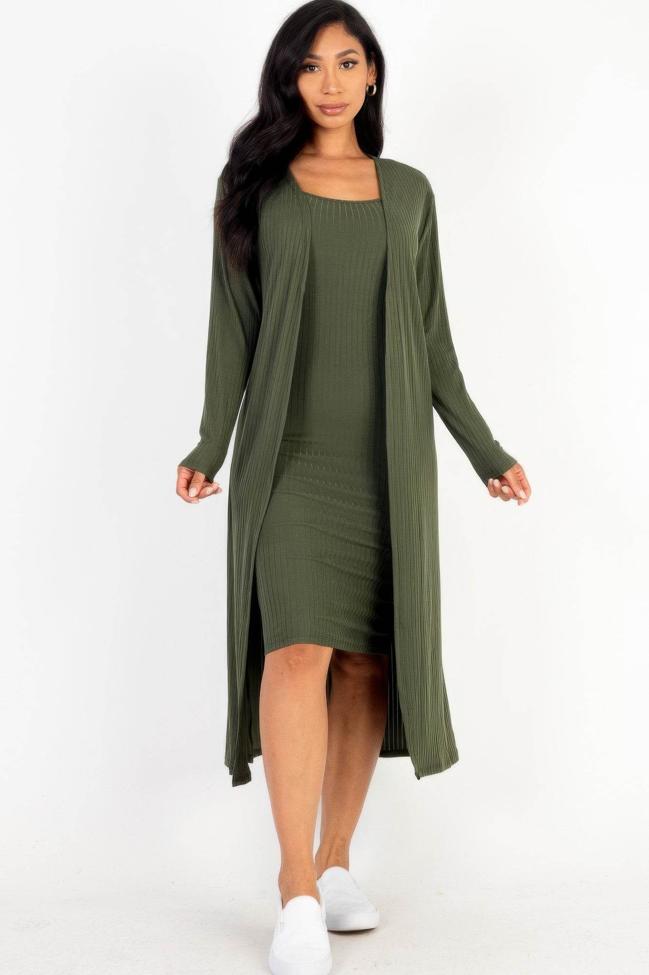 Ribbed Cardigan & Cami Midi Bodycon Dress - LLR Chic