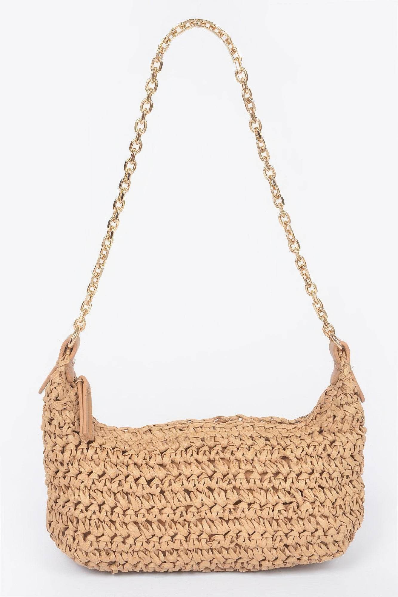 Faux Straw Zip Chain Shoulder Clutch - LLR Chic
