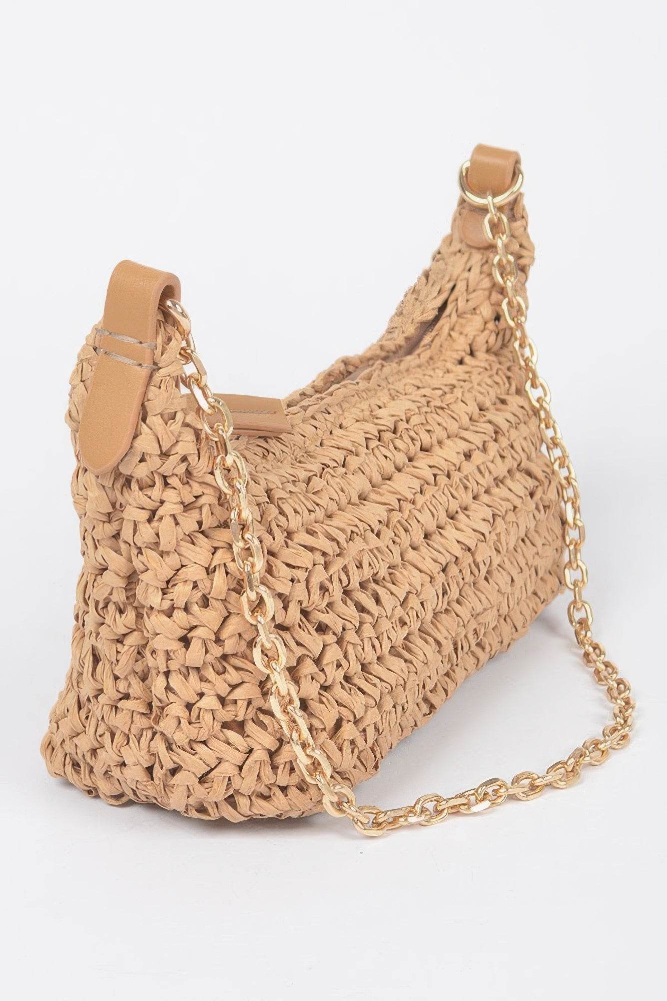 Faux Straw Zip Chain Shoulder Clutch - LLR Chic