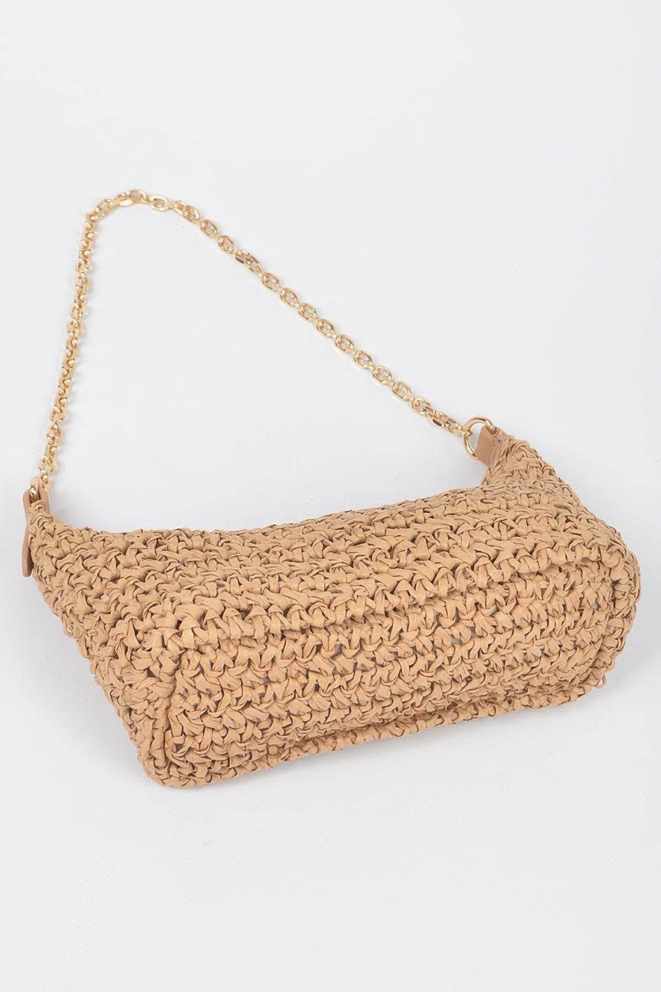 Faux Straw Zip Chain Shoulder Clutch - LLR Chic