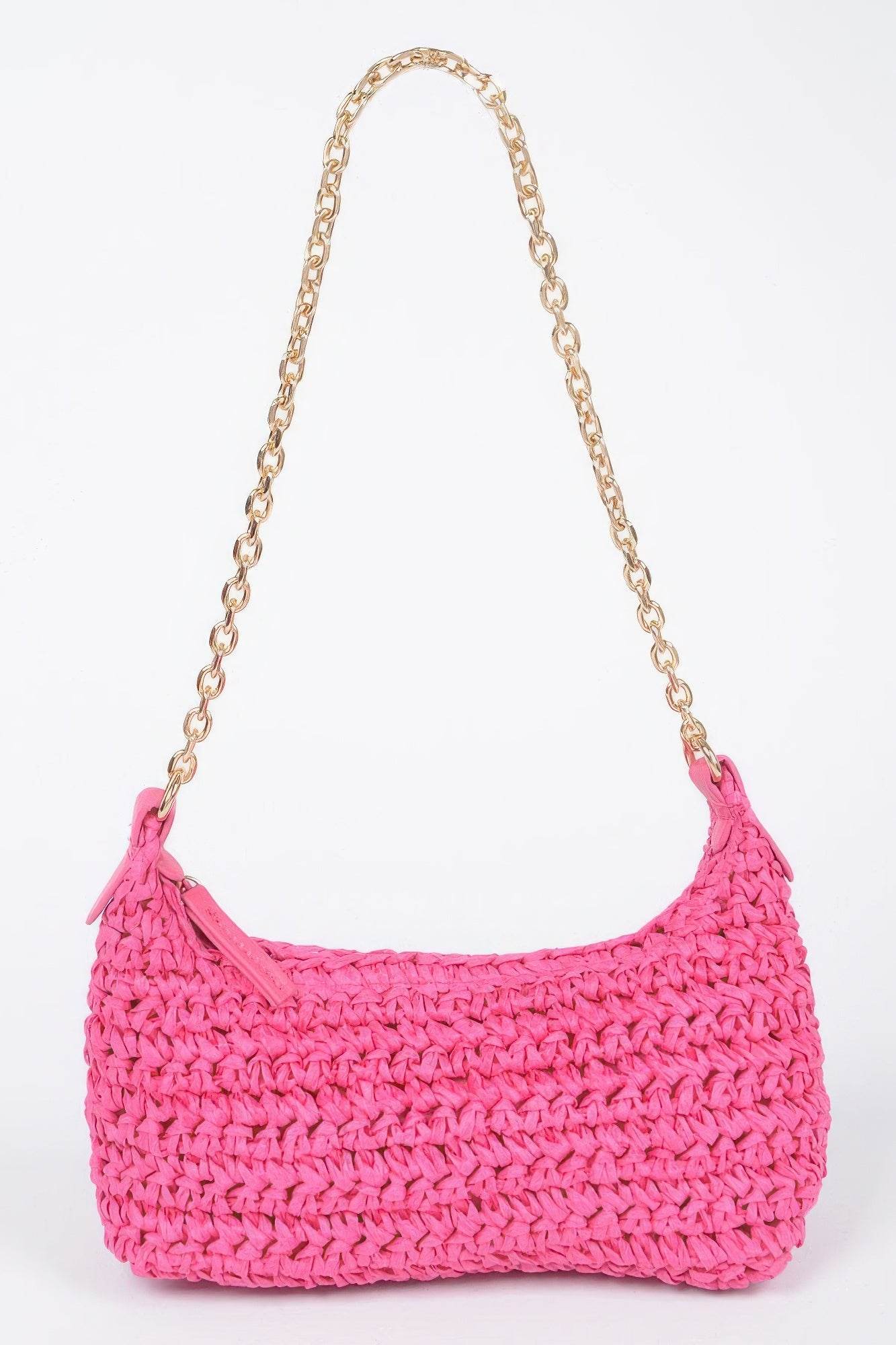 Faux Straw Zip Chain Shoulder Clutch - LLR Chic