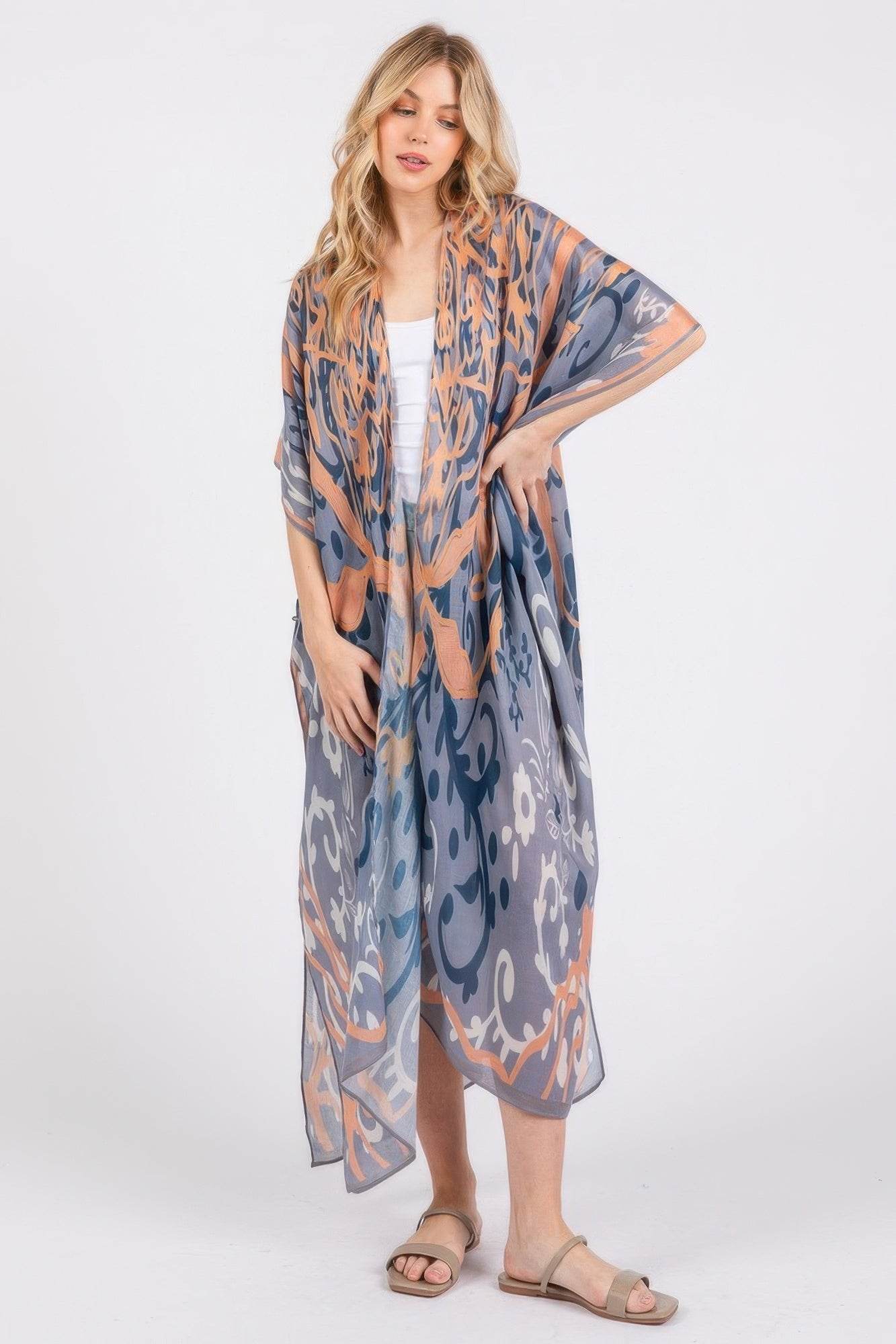 Boho Print Open Front Long Kimono - LLR Chic