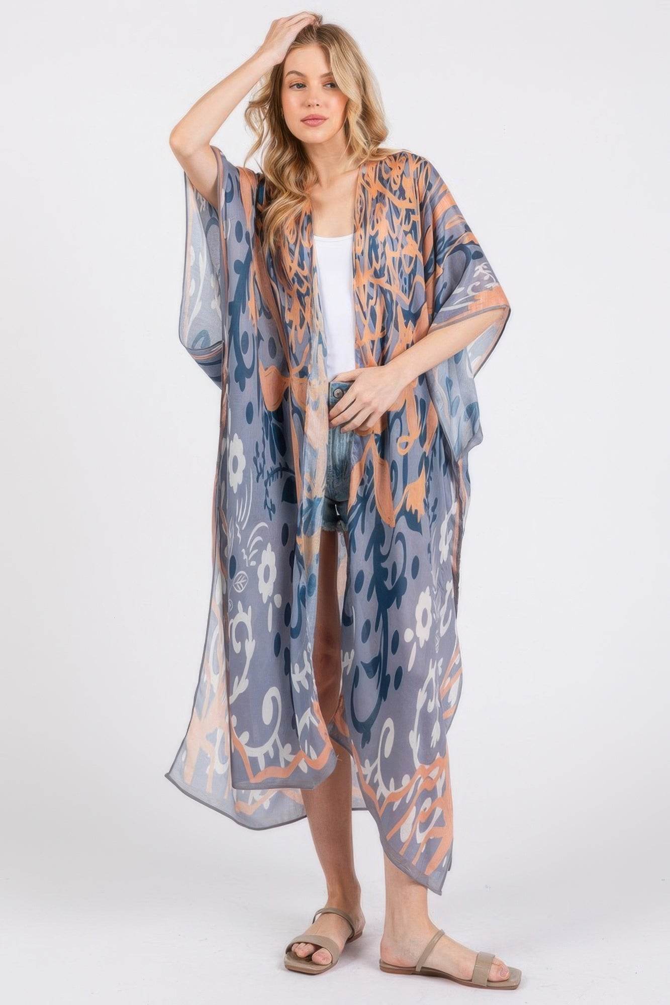 Boho Print Open Front Long Kimono - LLR Chic