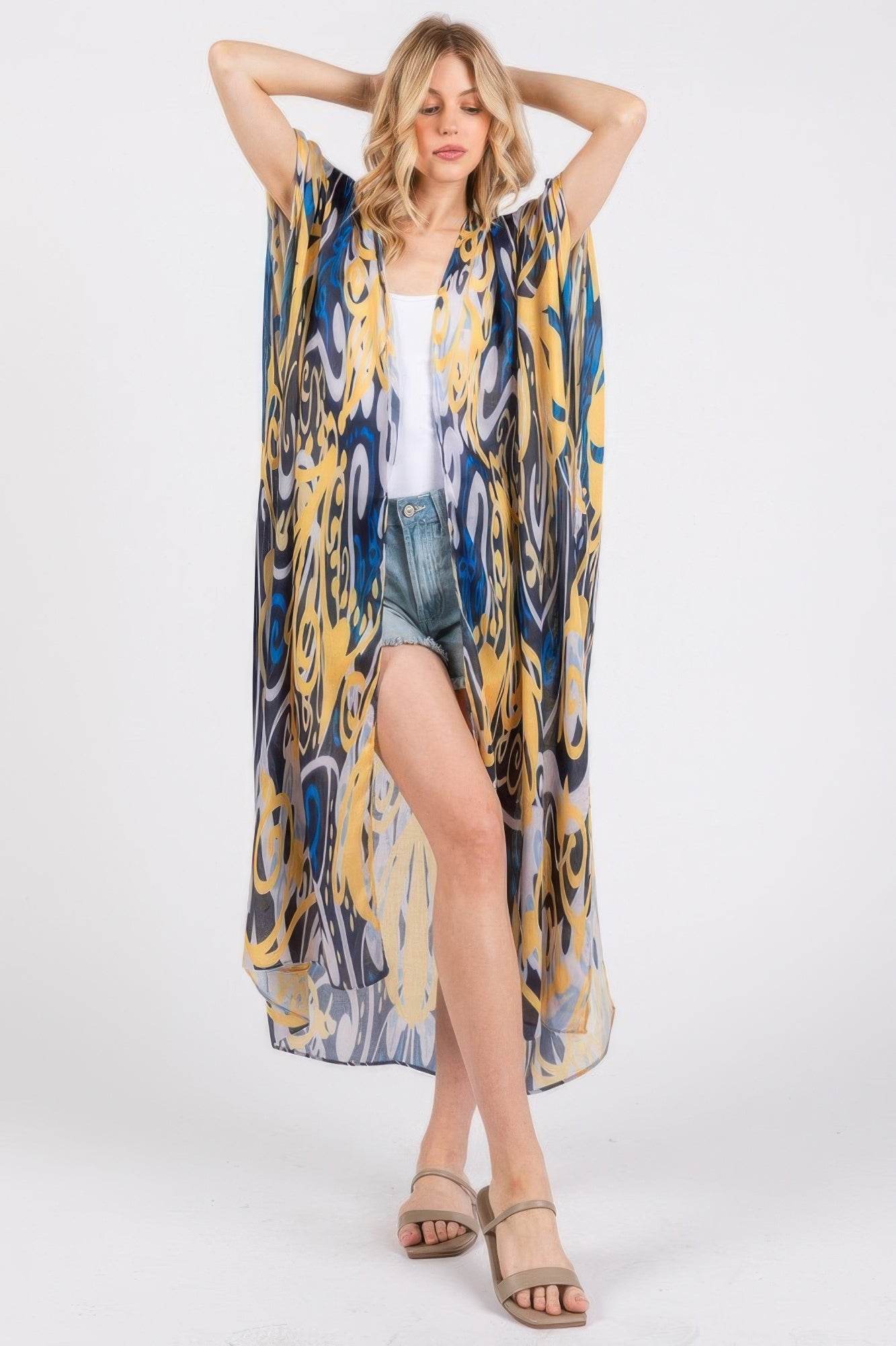 Boho Print Open Front Long Kimono - LLR Chic