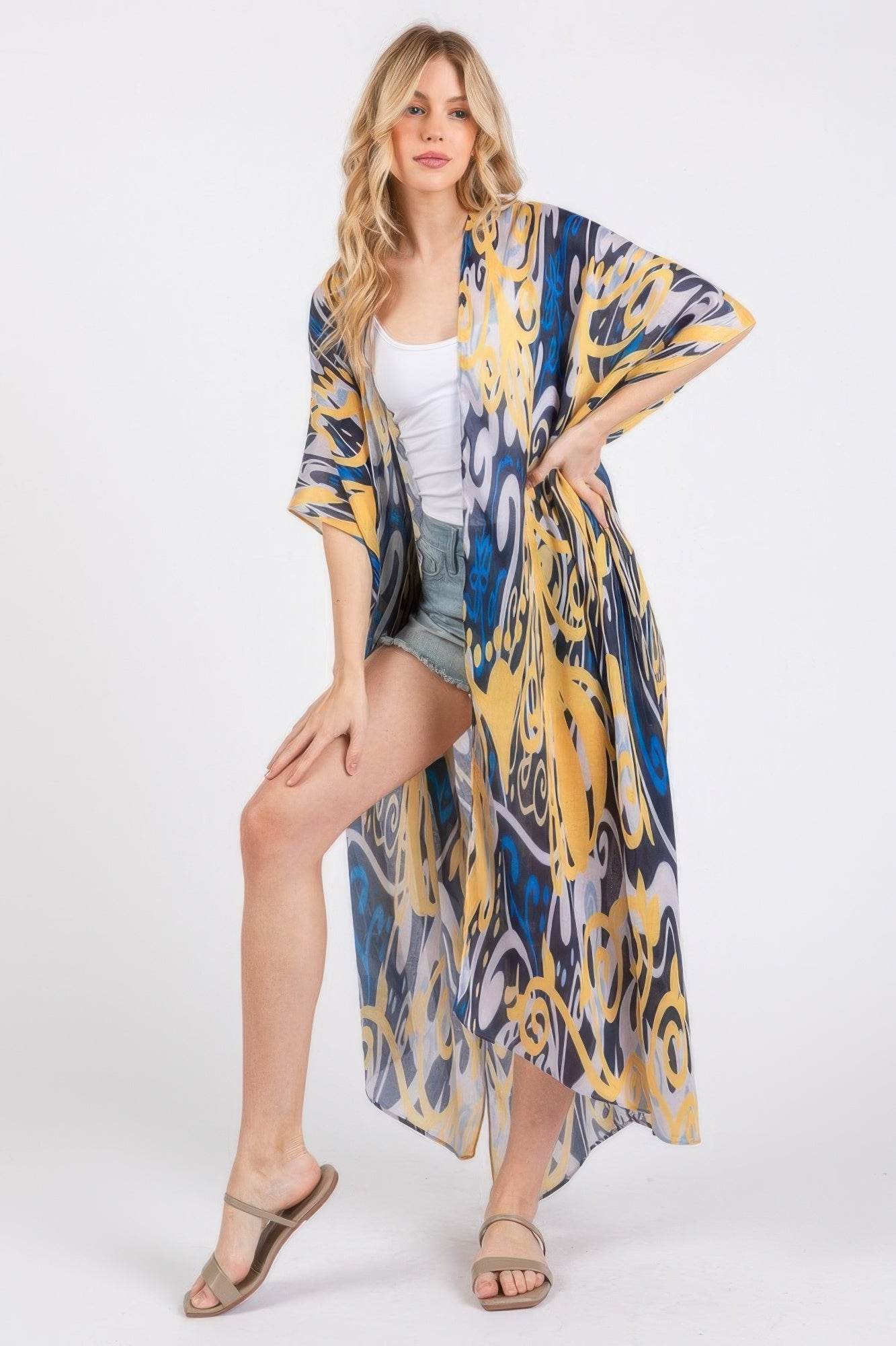 Boho Print Open Front Long Kimono - LLR Chic
