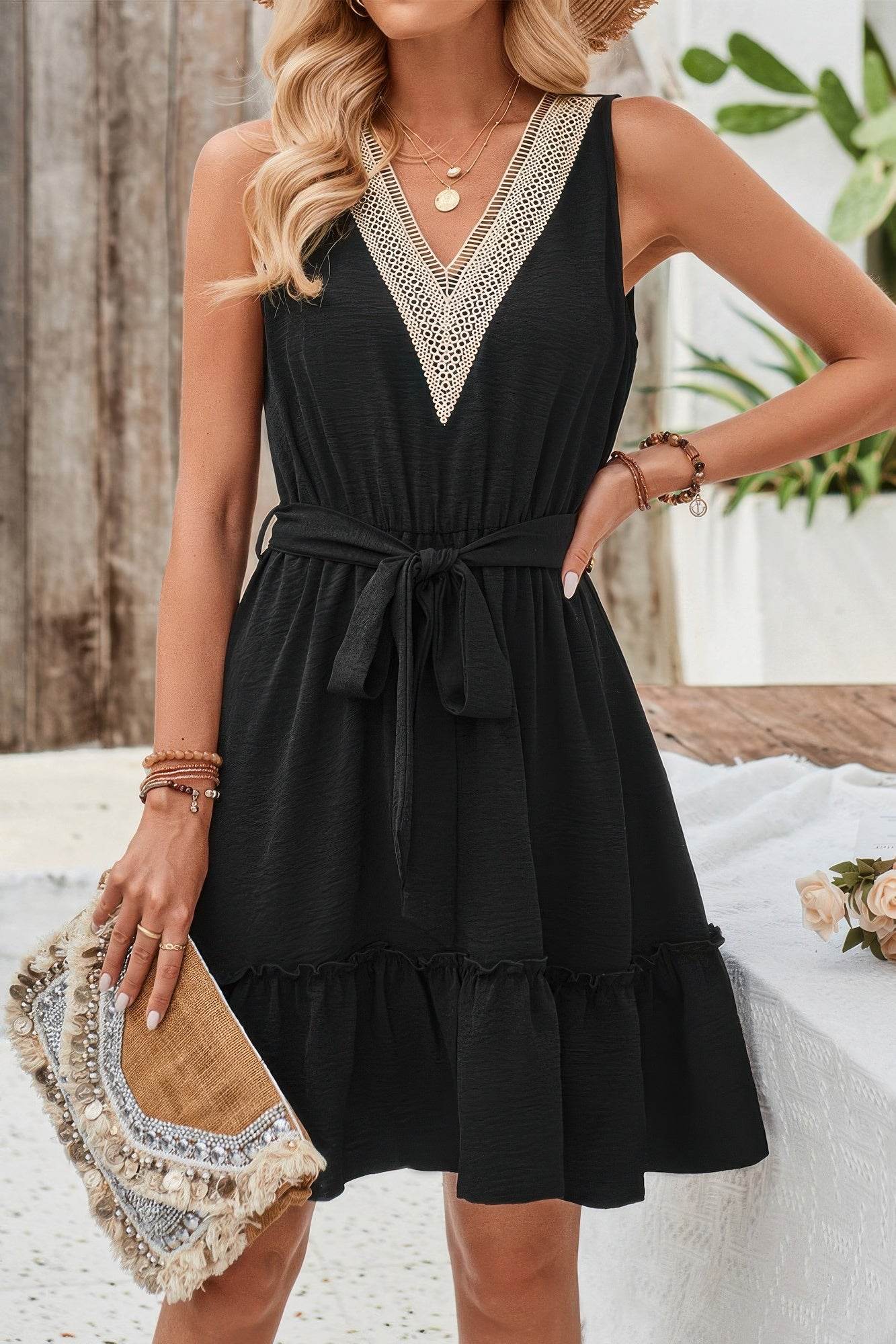 V Neck Sleeveless Belted A-line Tiered Dress - LLR Chic