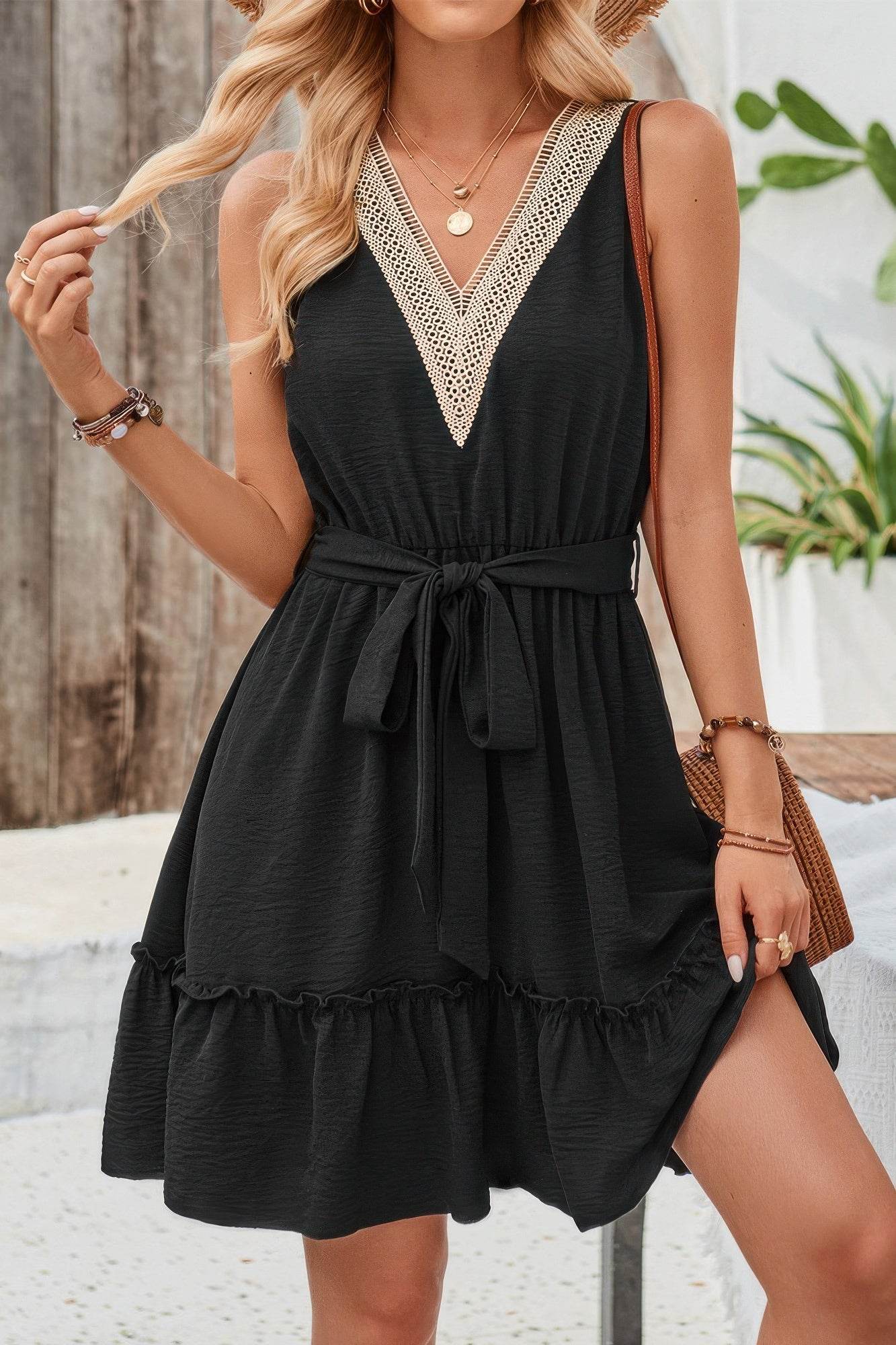 V Neck Sleeveless Belted A-line Tiered Dress - LLR Chic