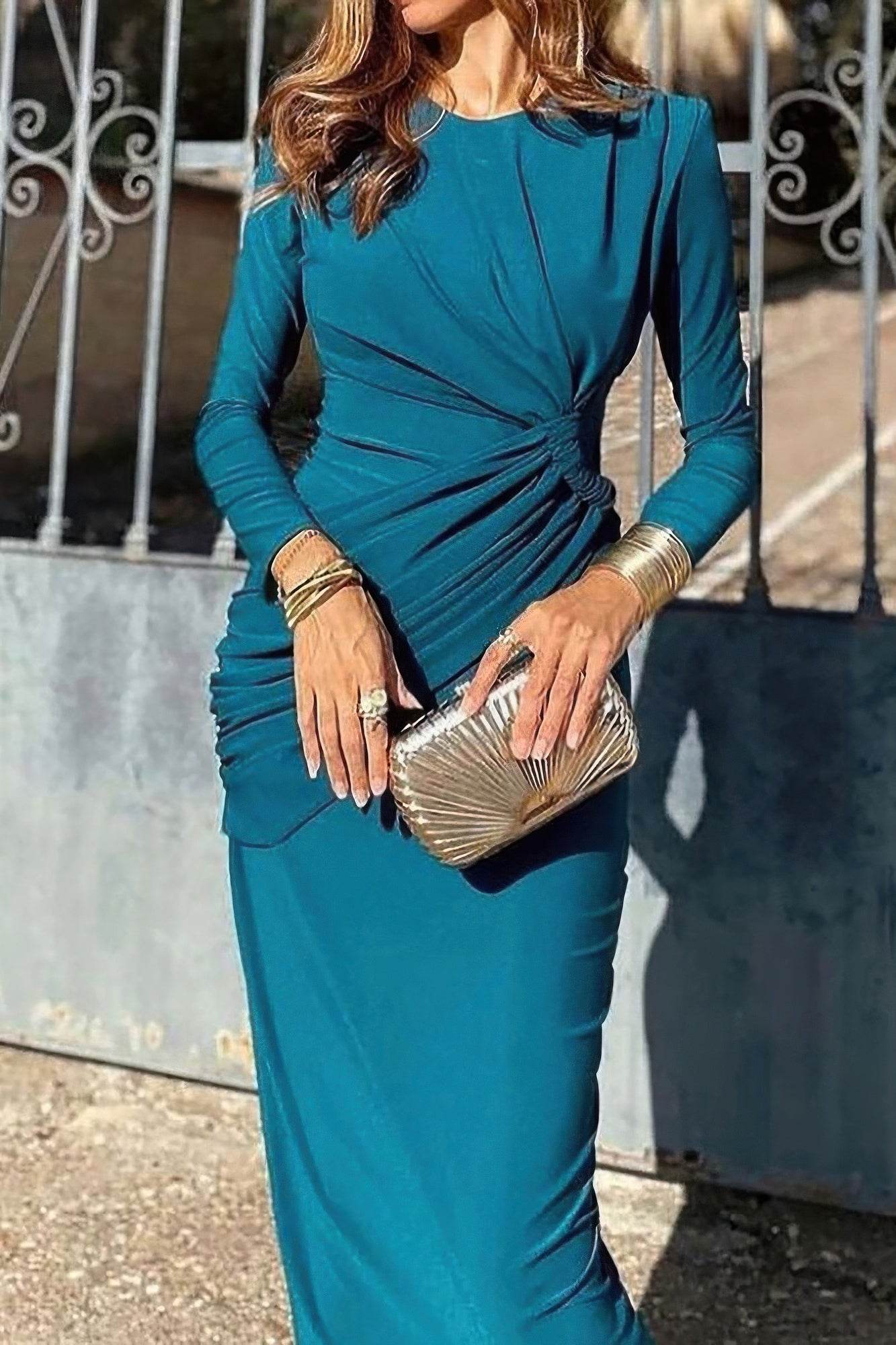 Elegant Round Neck Solid Ruched Wrap Hem Dress - LLR Chic