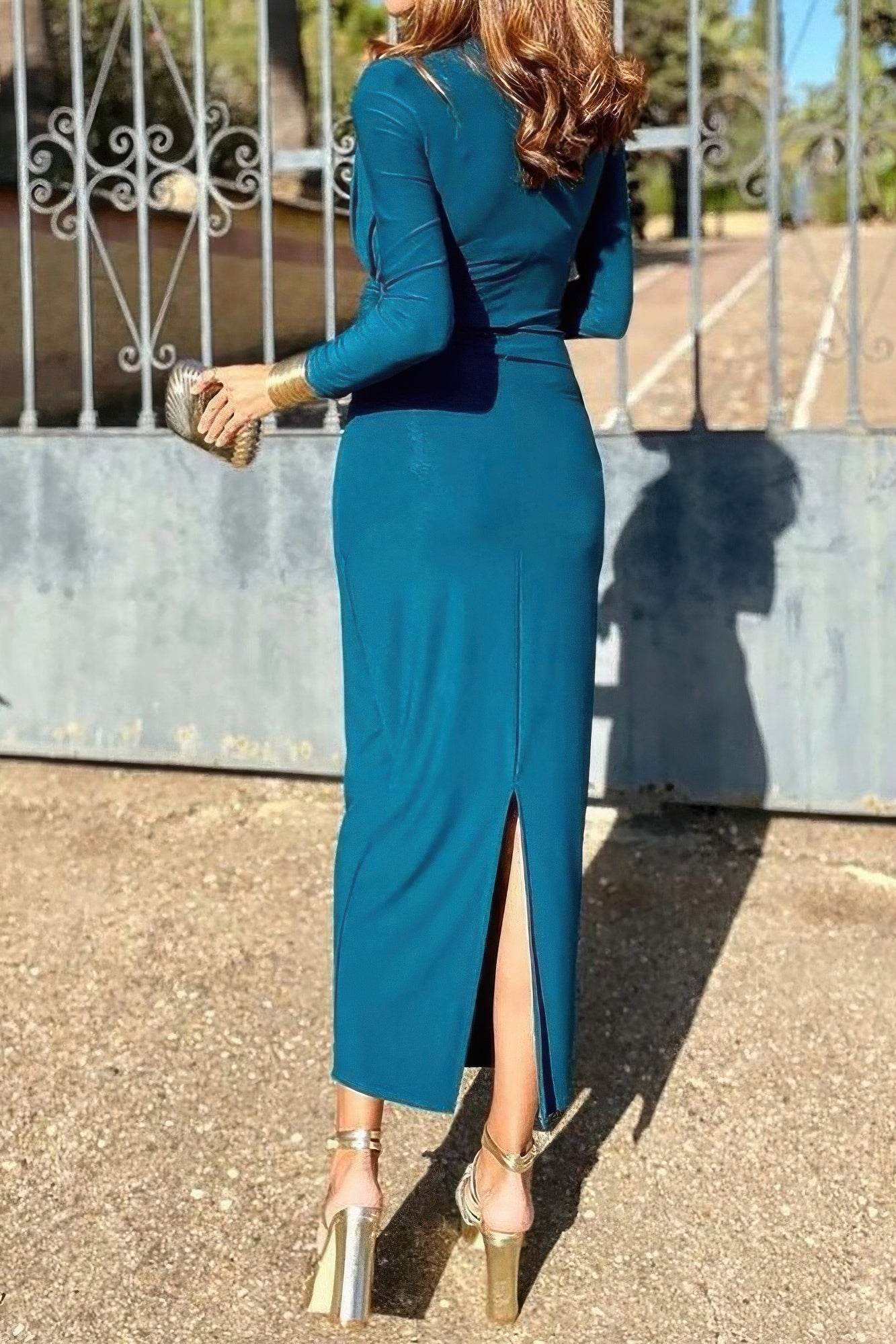 Elegant Round Neck Solid Ruched Wrap Hem Dress - LLR Chic