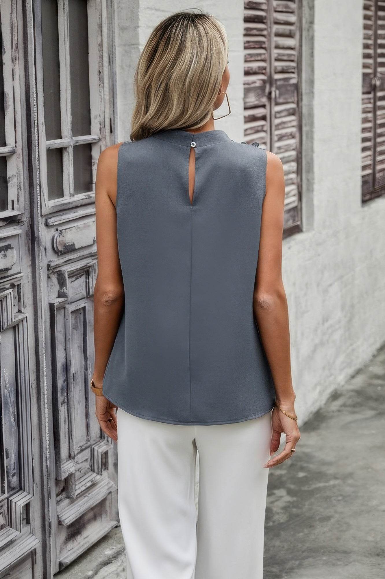 Button Trim Layered Collar Sleeveless Blouse - LLR Chic