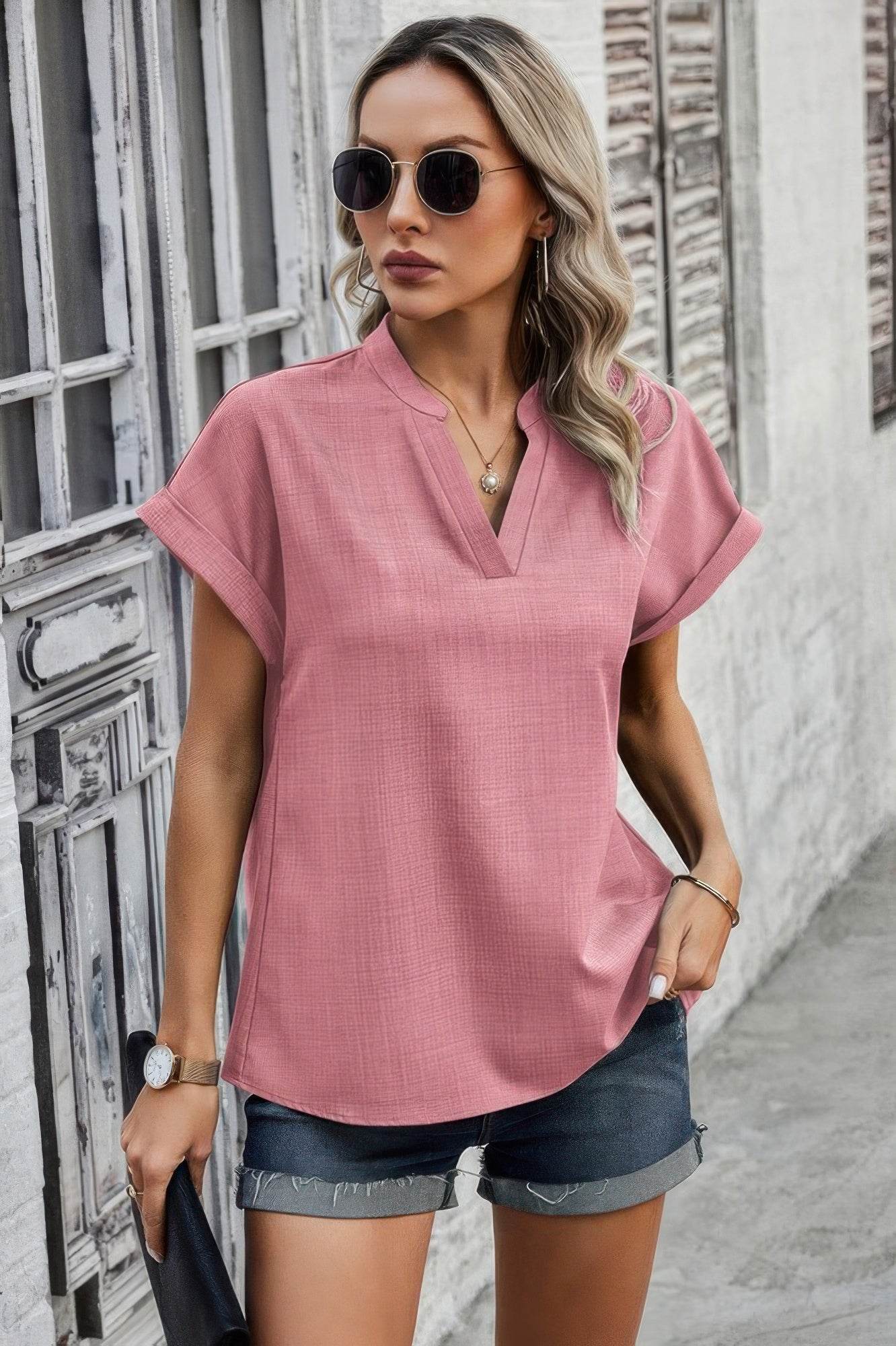 V Neck Solid Short Bat Sleeve Loose Fit Blouse - LLR Chic