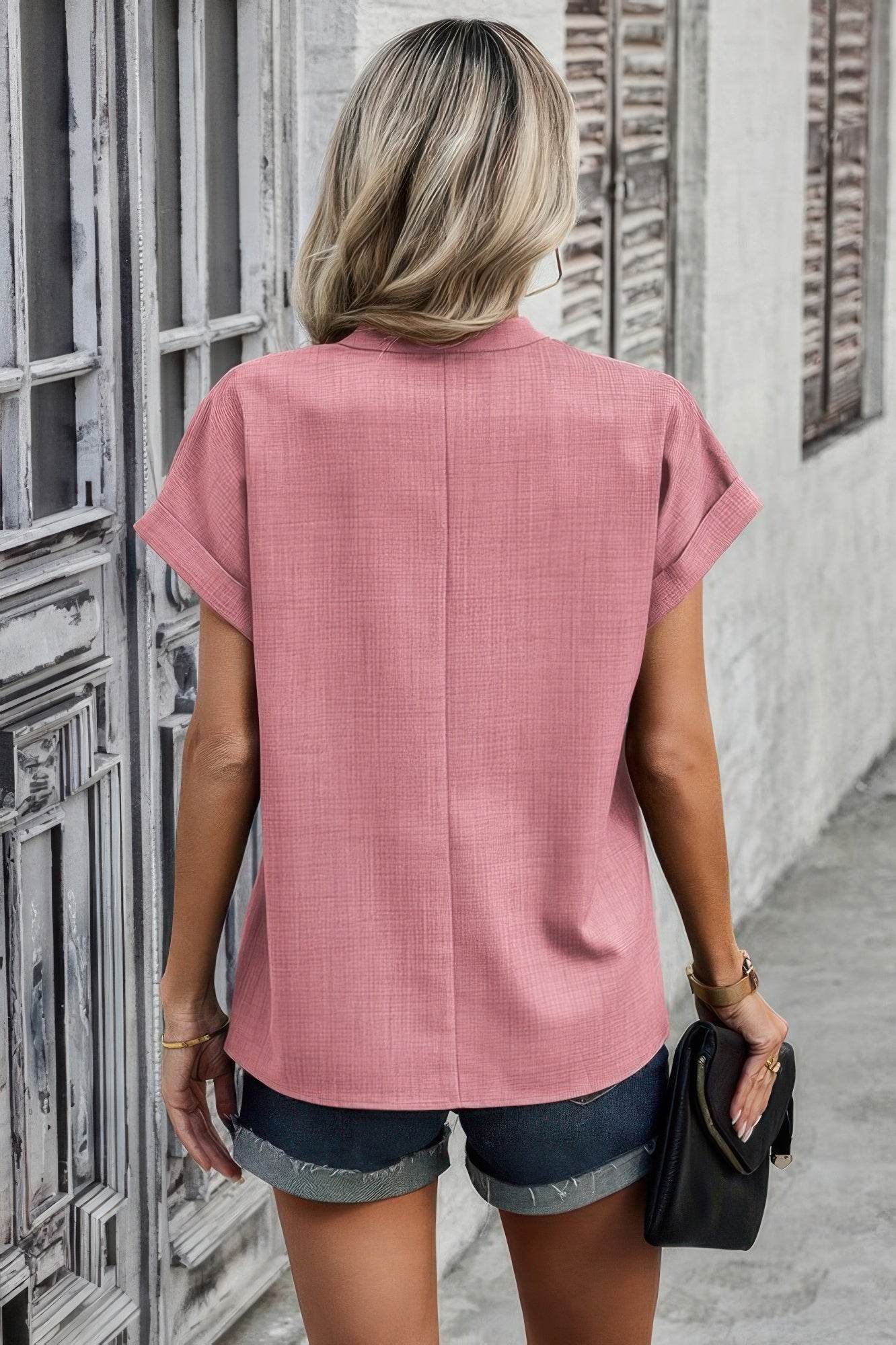 V Neck Solid Short Bat Sleeve Loose Fit Blouse - LLR Chic