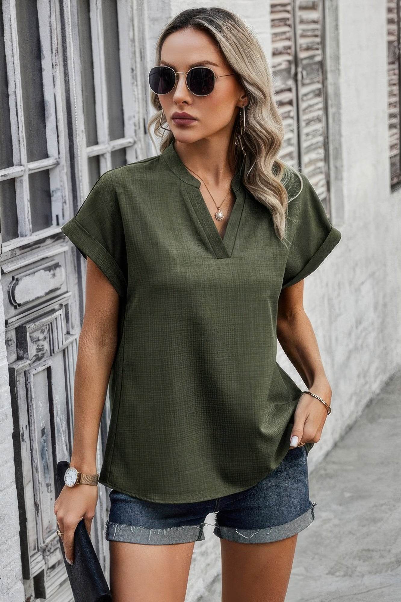 V Neck Solid Short Bat Sleeve Loose Fit Blouse - LLR Chic