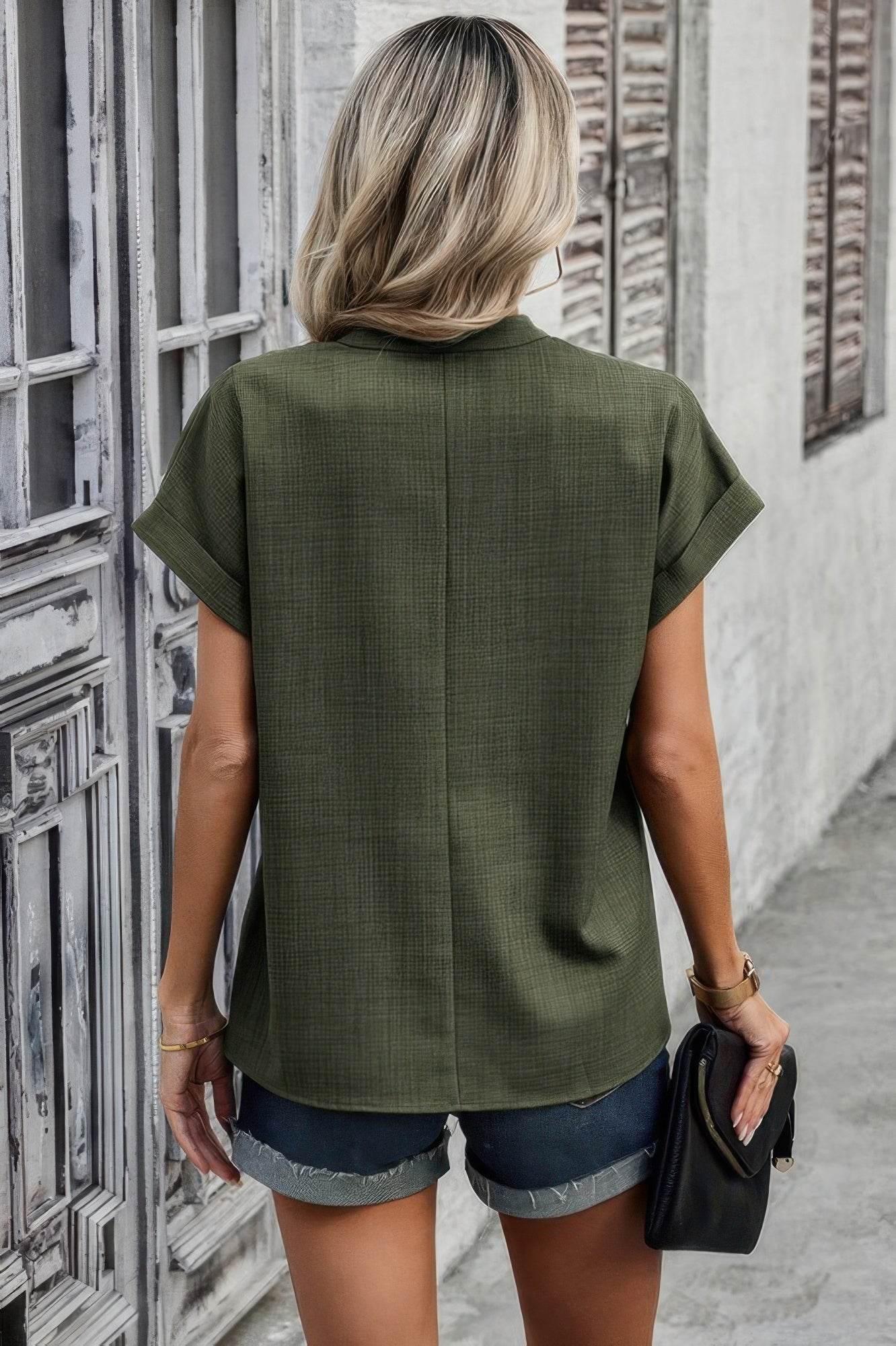 V Neck Solid Short Bat Sleeve Loose Fit Blouse - LLR Chic