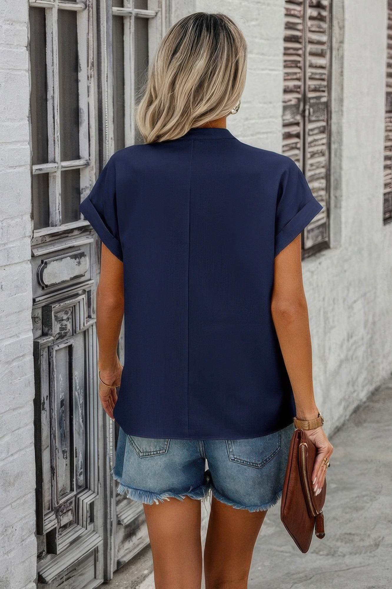 V Neck Solid Short Bat Sleeve Loose Fit Blouse - LLR Chic
