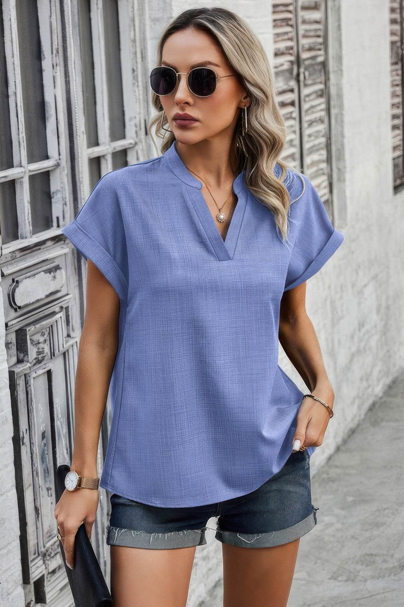 V Neck Solid Short Bat Sleeve Loose Fit Blouse - LLR Chic