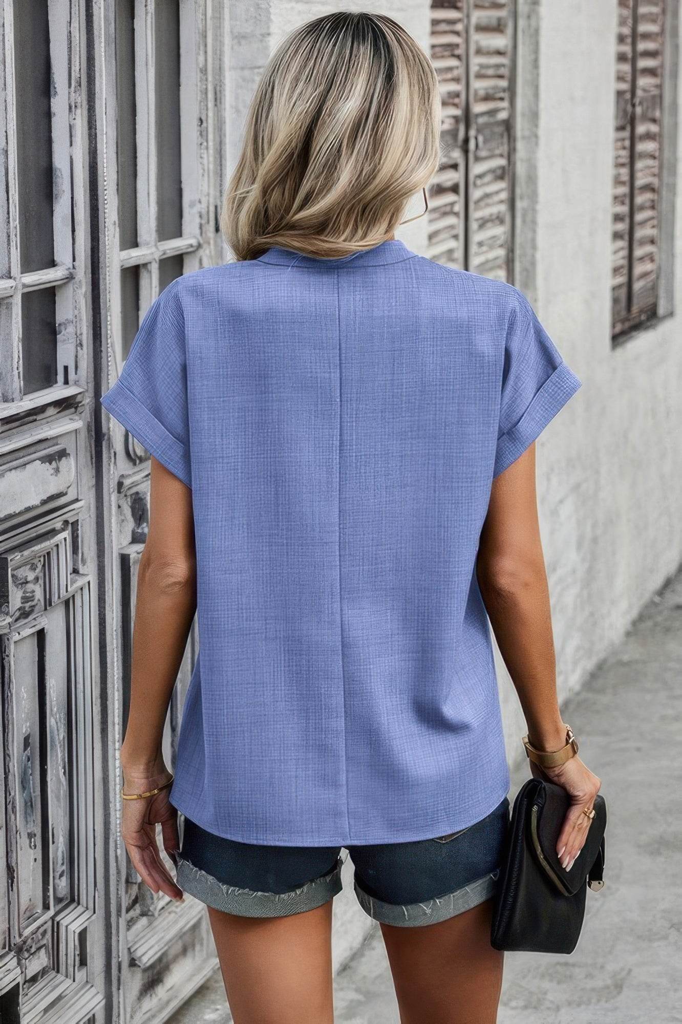 V Neck Solid Short Bat Sleeve Loose Fit Blouse - LLR Chic