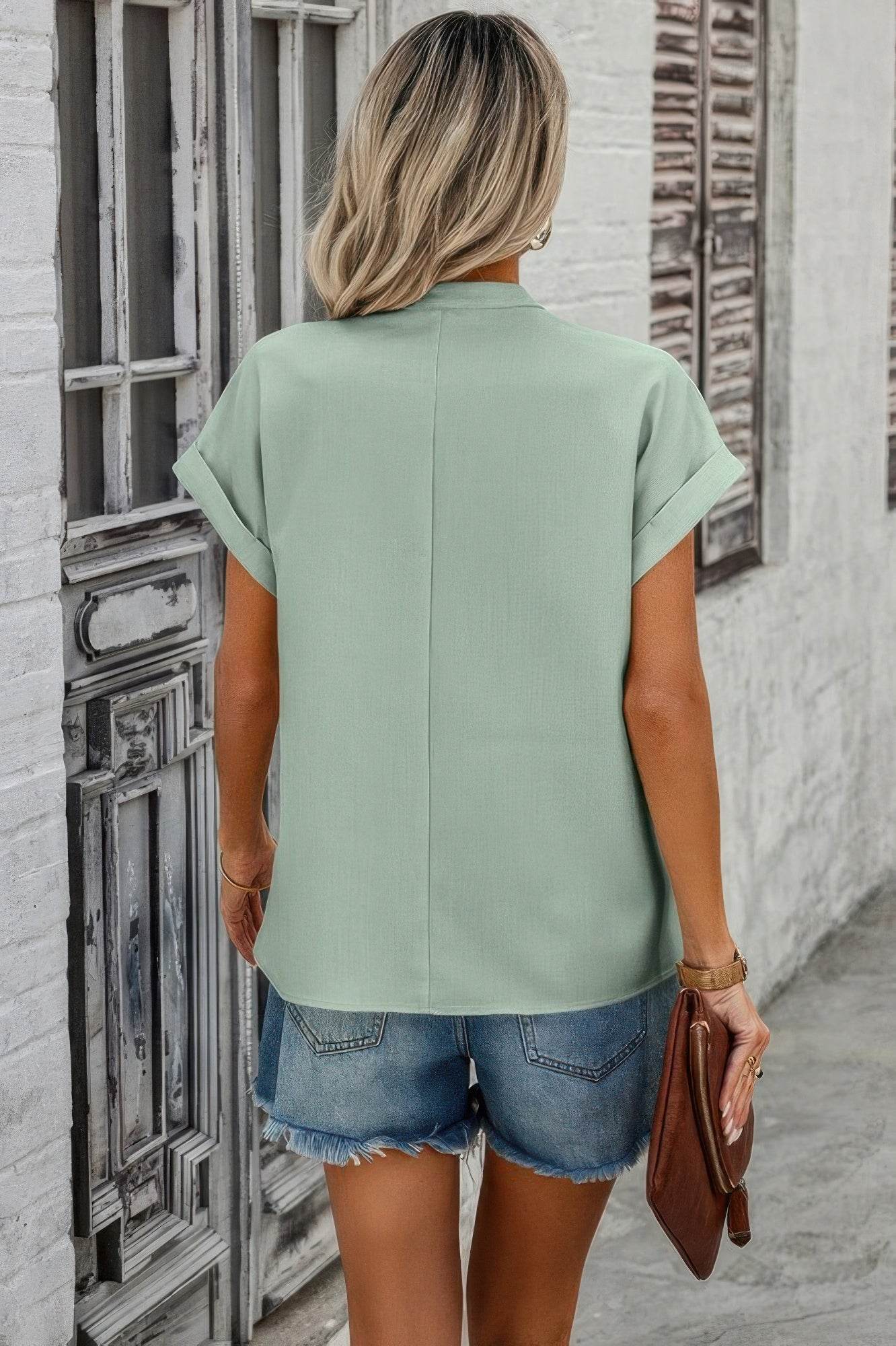 V Neck Solid Short Bat Sleeve Loose Fit Blouse - LLR Chic