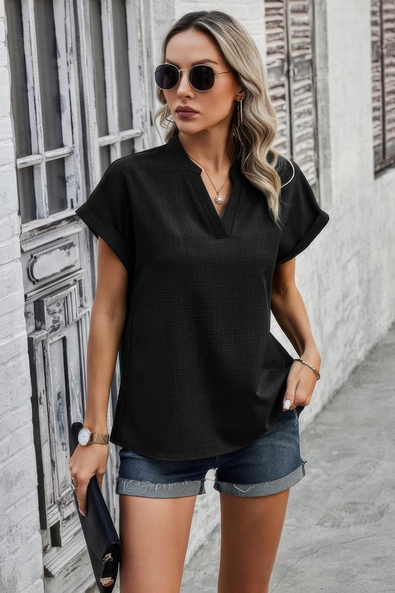 V Neck Solid Short Bat Sleeve Loose Fit Blouse - LLR Chic