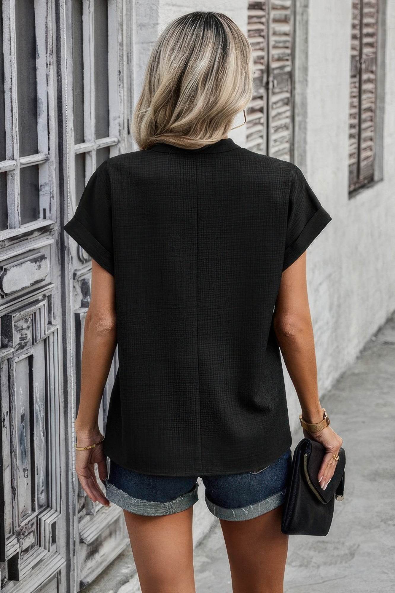 V Neck Solid Short Bat Sleeve Loose Fit Blouse - LLR Chic