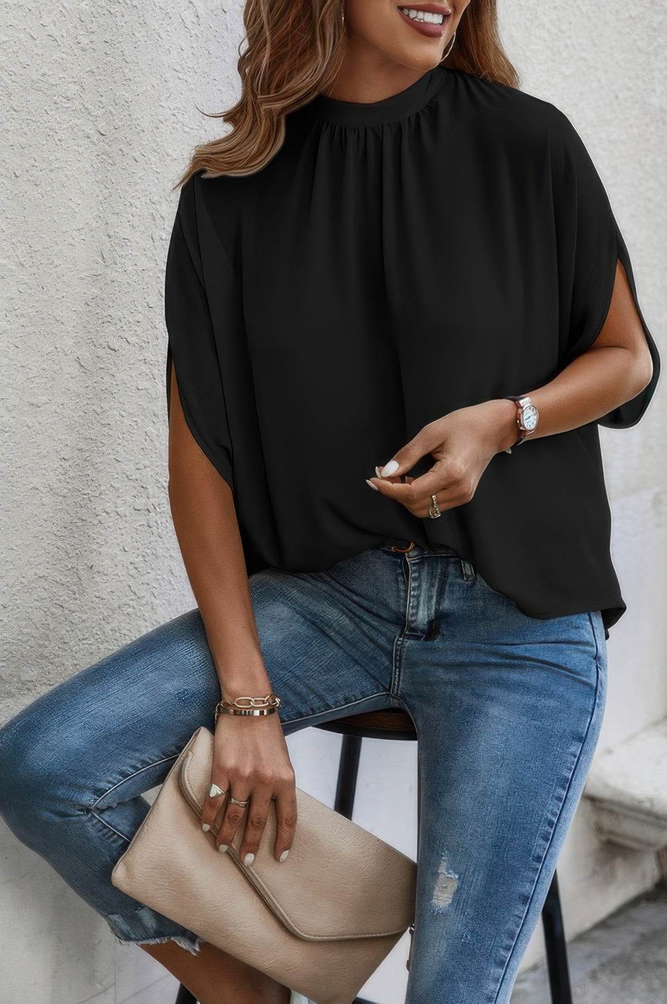 Mock Neck Bating Sleeve Solid Loose Blouse - LLR Chic