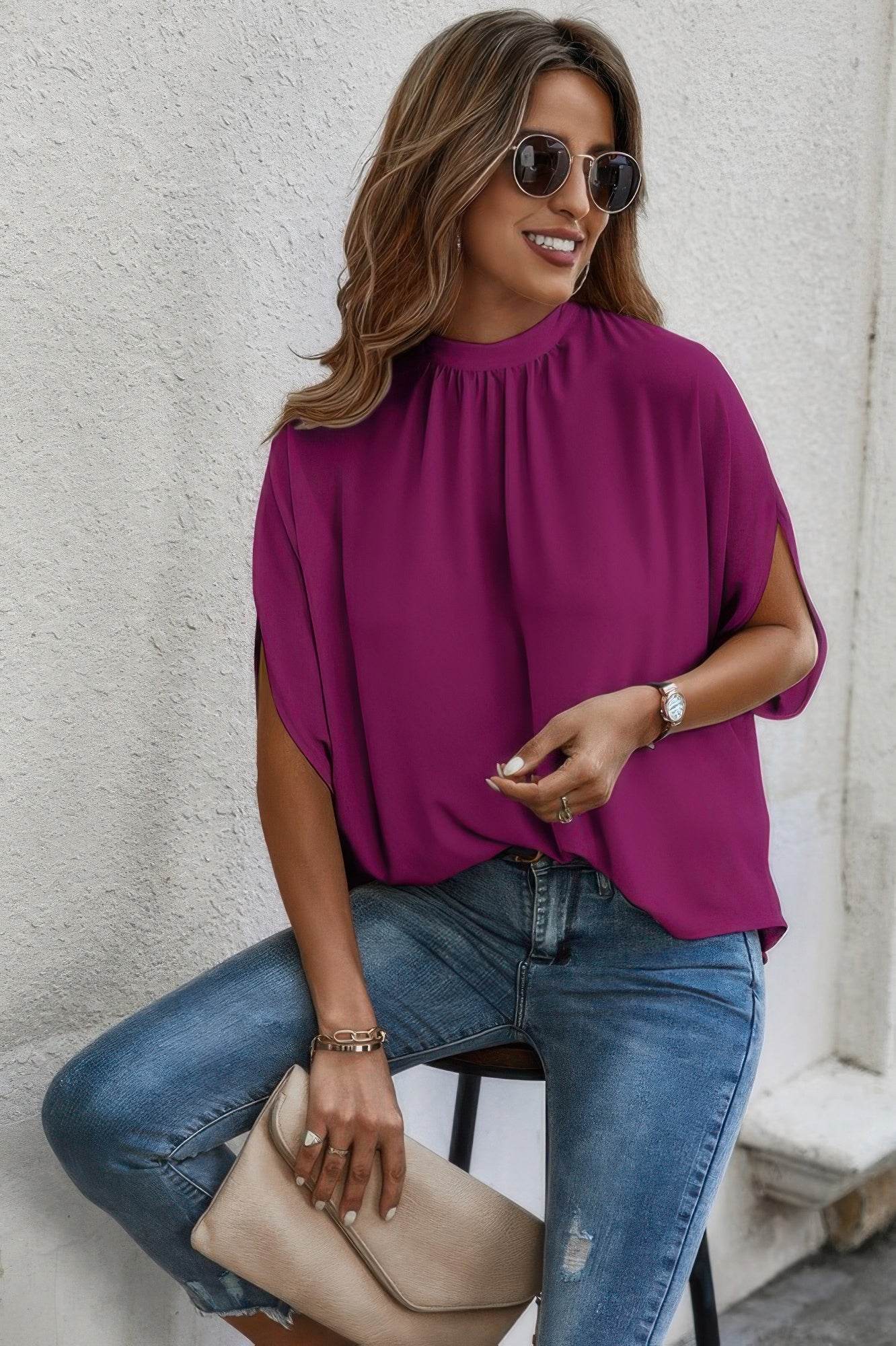 Mock Neck Bating Sleeve Solid Loose Blouse - LLR Chic