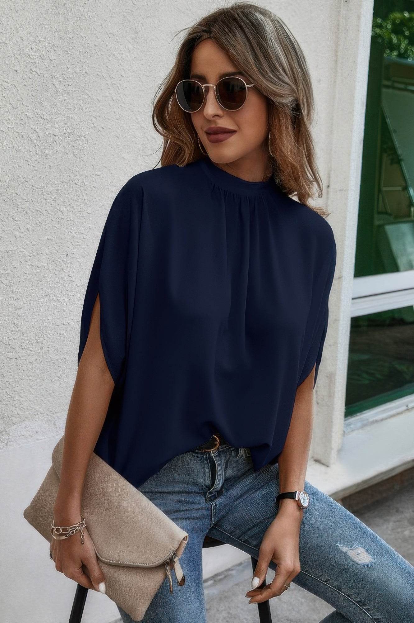 Mock Neck Bating Sleeve Solid Loose Blouse - LLR Chic