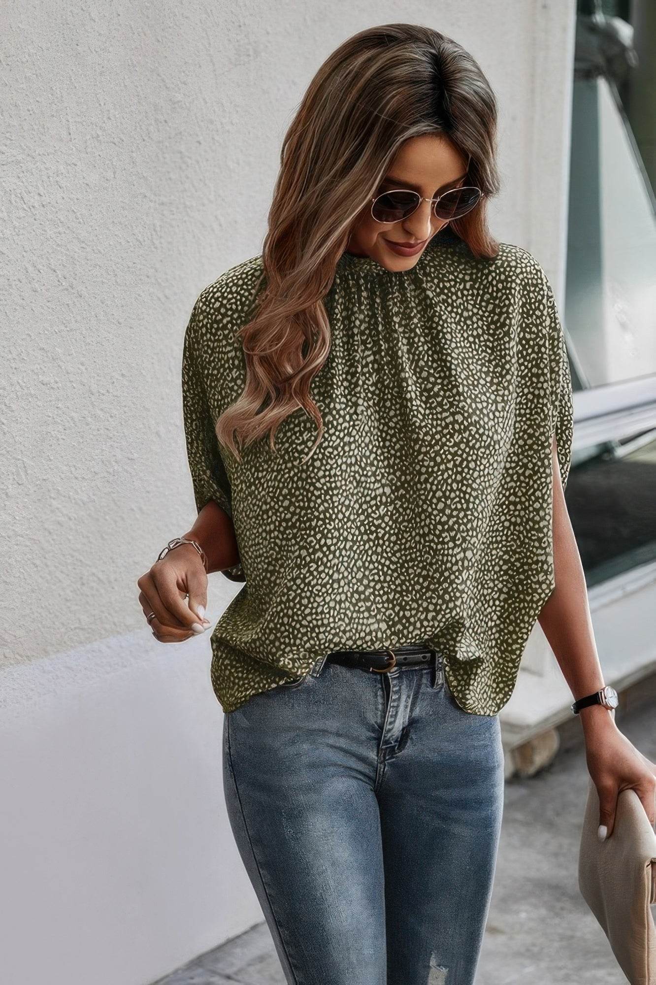 Mock Neck Bating Sleeve Solid Loose Blouse - LLR Chic