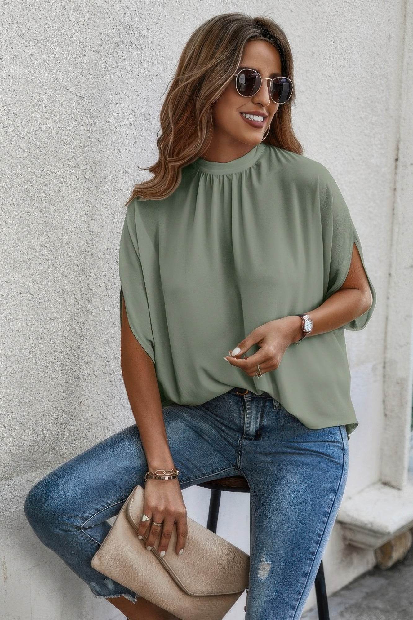 Mock Neck Bating Sleeve Solid Loose Blouse - LLR Chic
