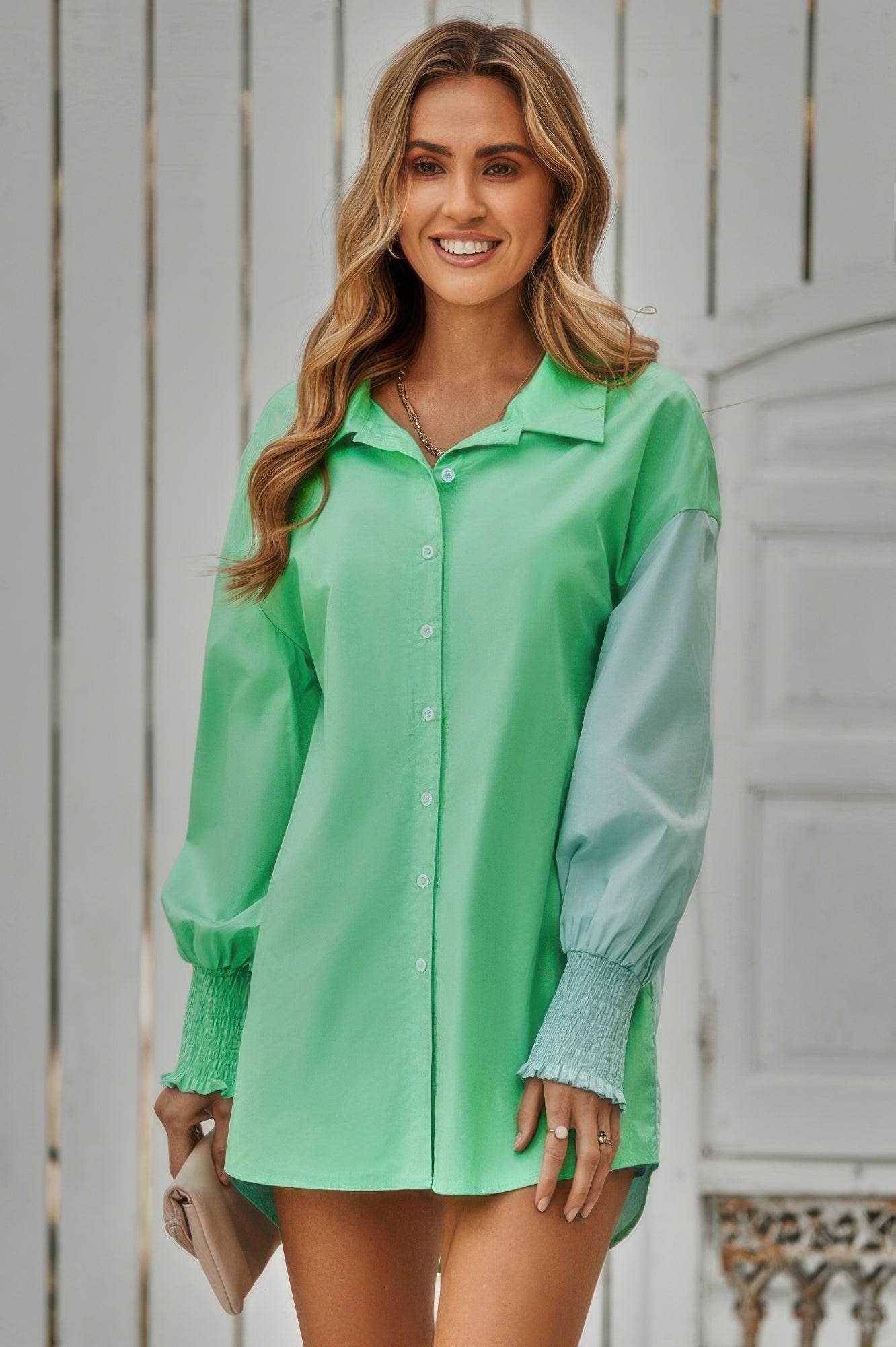 Color Block Button Down Cuffed Sleeves Blouse - LLR Chic