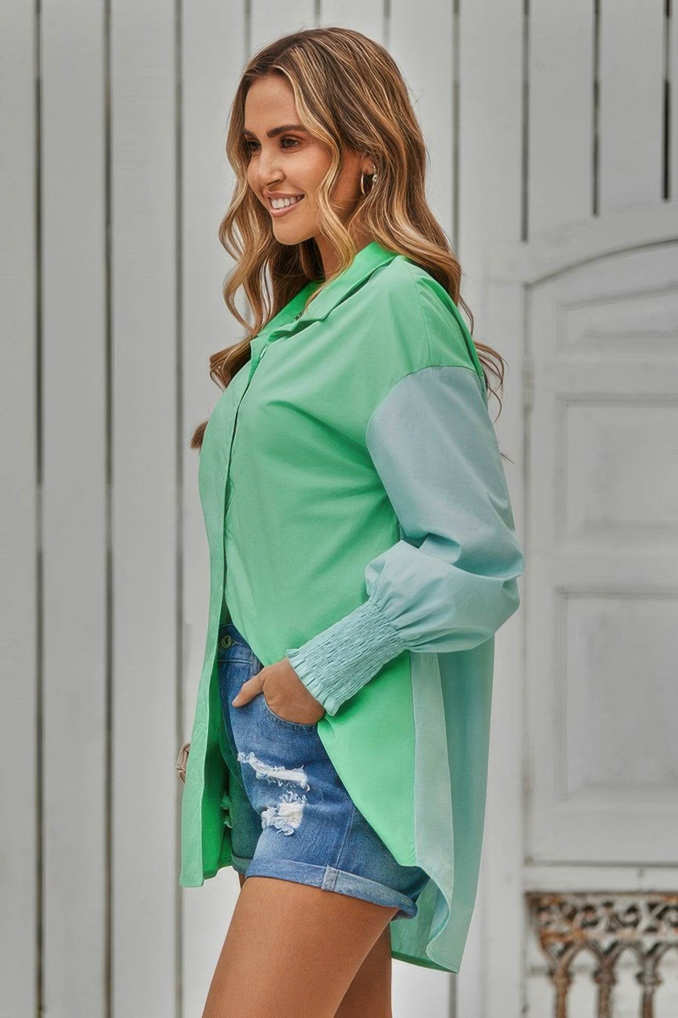 Color Block Button Down Cuffed Sleeves Blouse - LLR Chic
