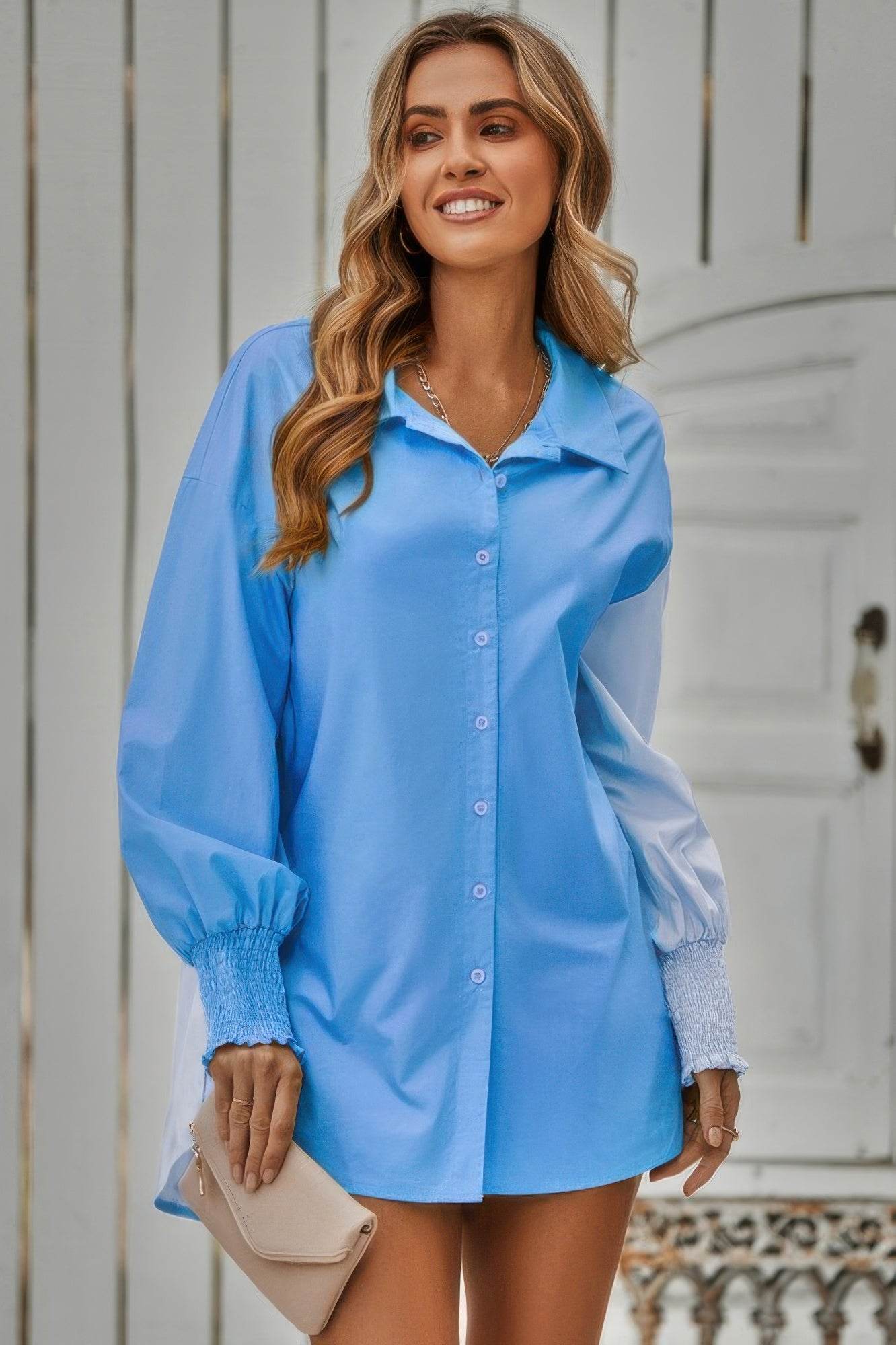 Color Block Button Down Cuffed Sleeves Blouse - LLR Chic