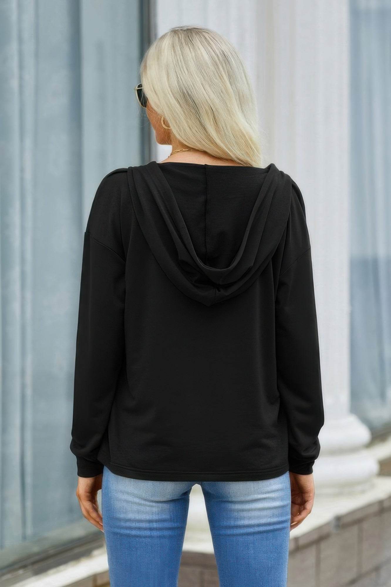 Solid Lace Trim Long Sleeve Loose Hoodie - LLR Chic