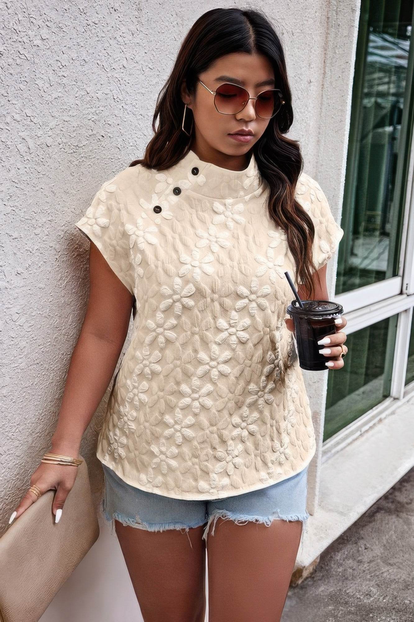 Plus Size Button Loose Jacquard Stand Collar Top - LLR Chic