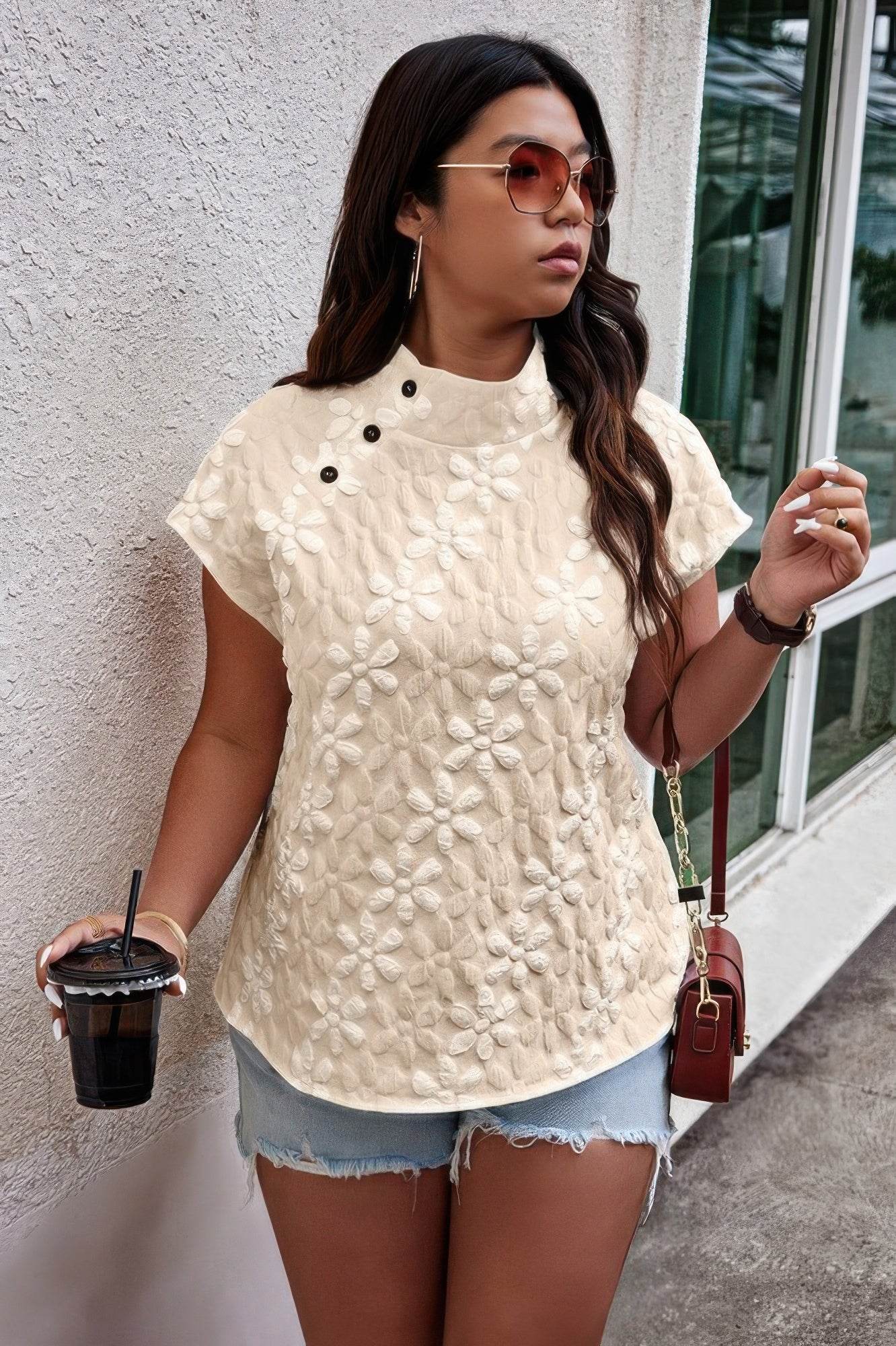 Plus Size Button Loose Jacquard Stand Collar Top - LLR Chic