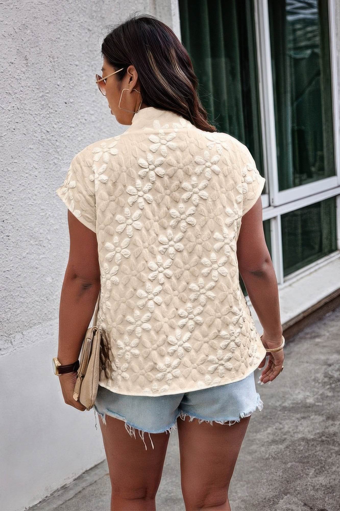 Plus Size Button Loose Jacquard Stand Collar Top - LLR Chic