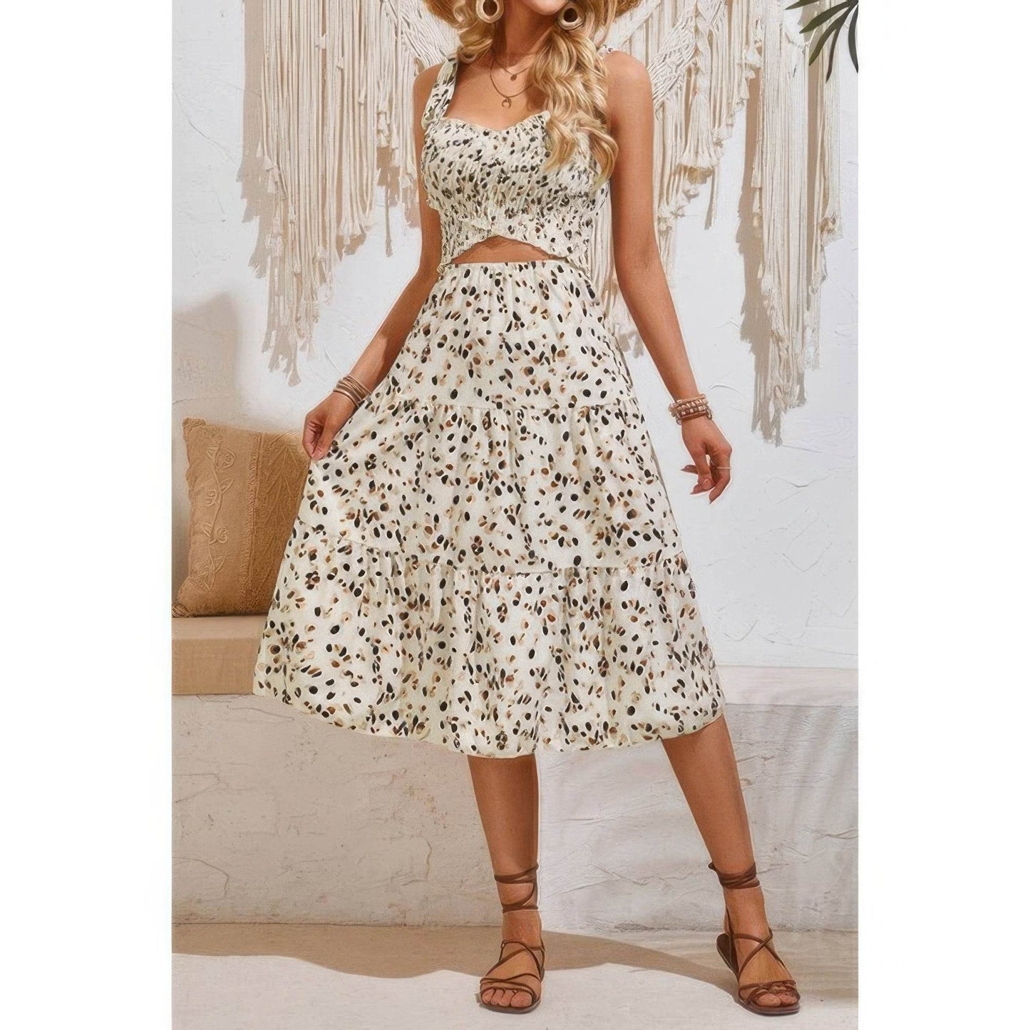 Square Neck Leopard Cut Out Elastic Waist Dress - LLR Chic