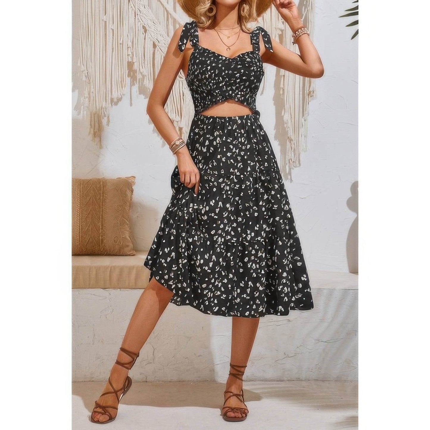 Square Neck Leopard Cut Out Elastic Waist Dress - LLR Chic