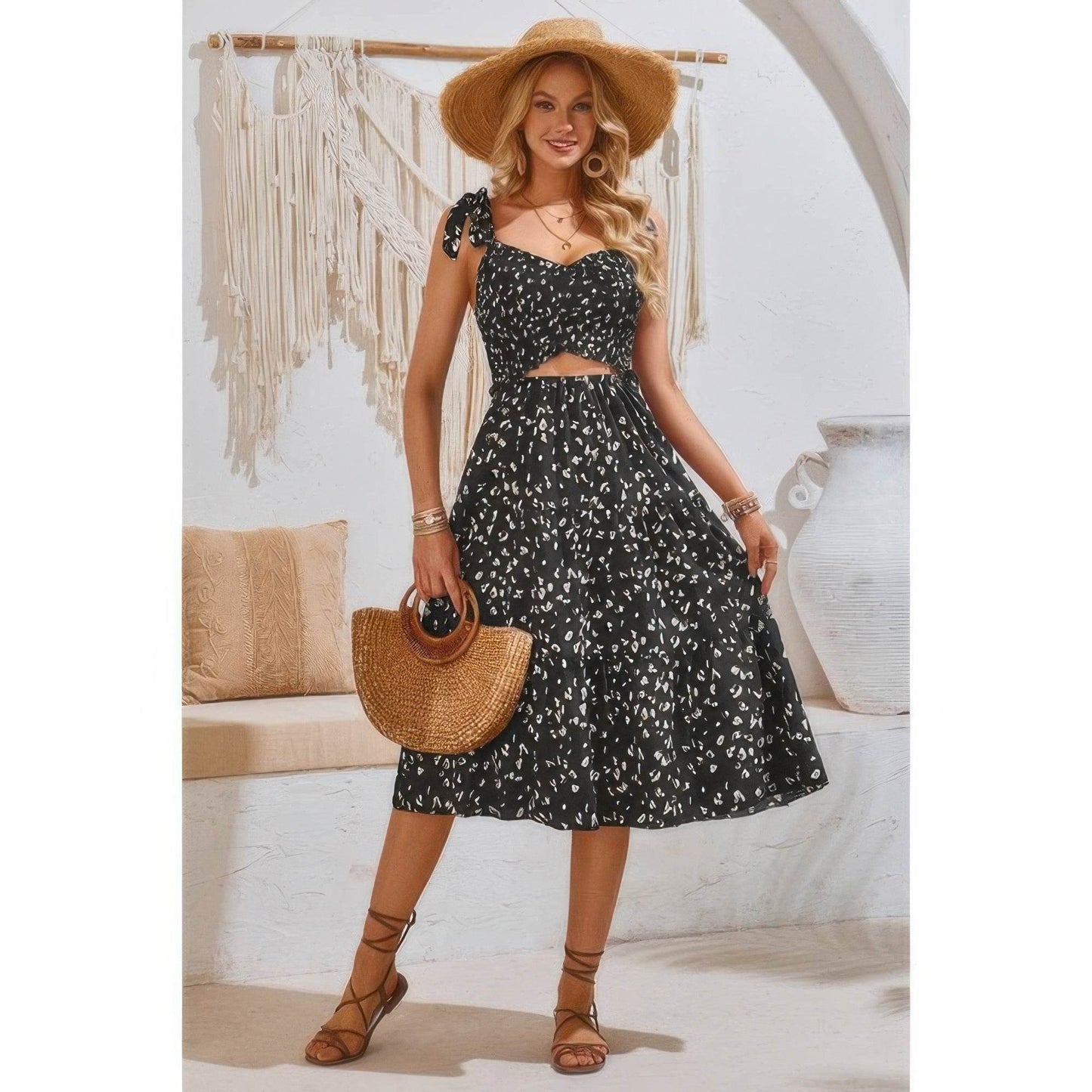 Square Neck Leopard Cut Out Elastic Waist Dress - LLR Chic