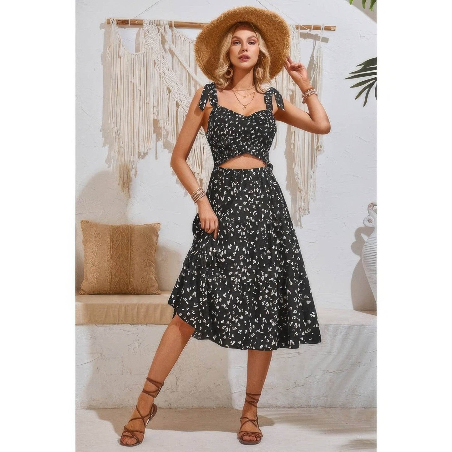 Square Neck Leopard Cut Out Elastic Waist Dress - LLR Chic