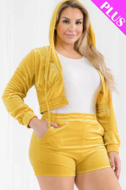 Plus Size Velour Crop Zip Up Hoodie And Shorts Set - LLR Chic