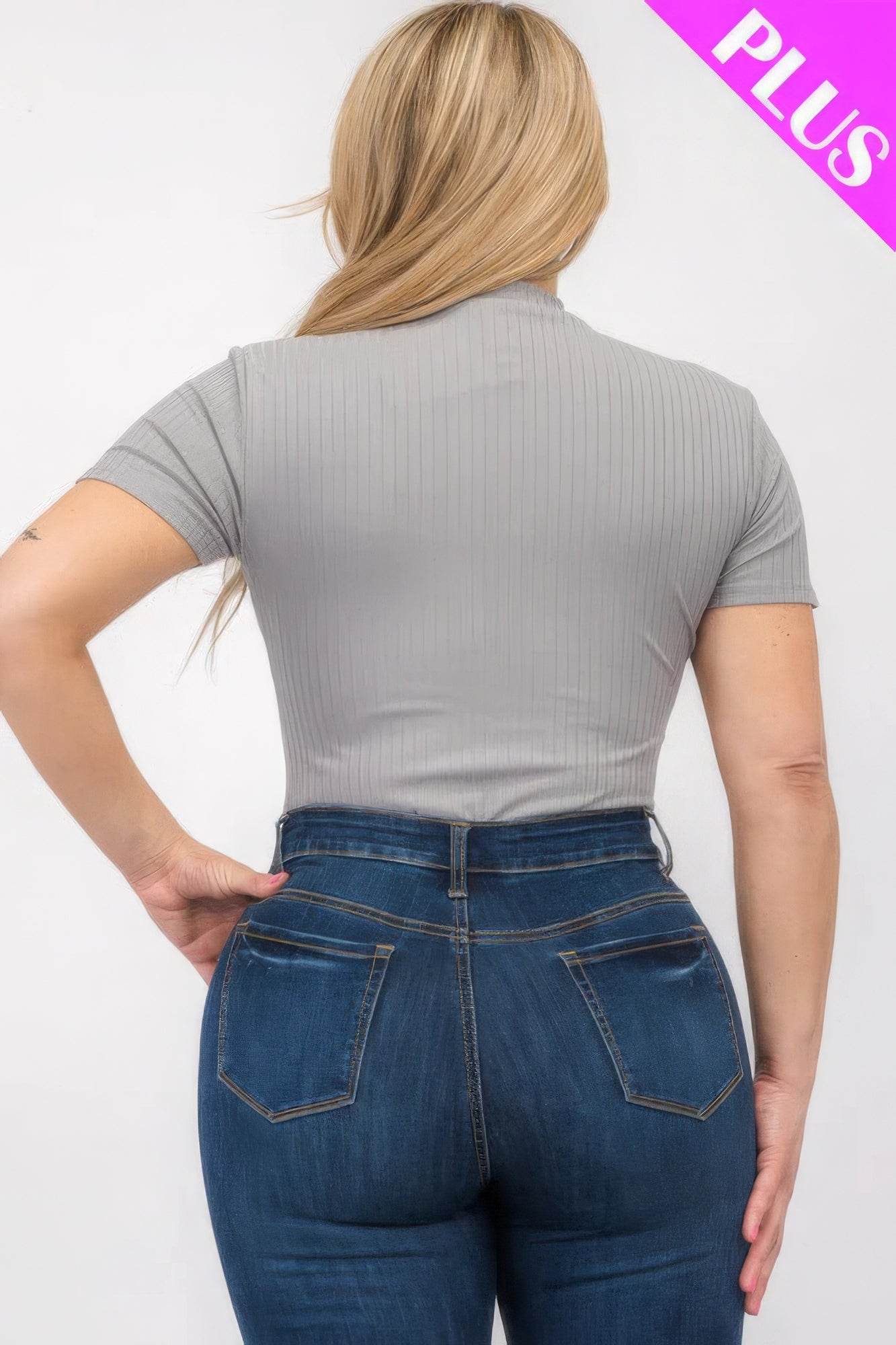 Plus Size Ribbed Short Sleeve Bodysuit - LLR Chic